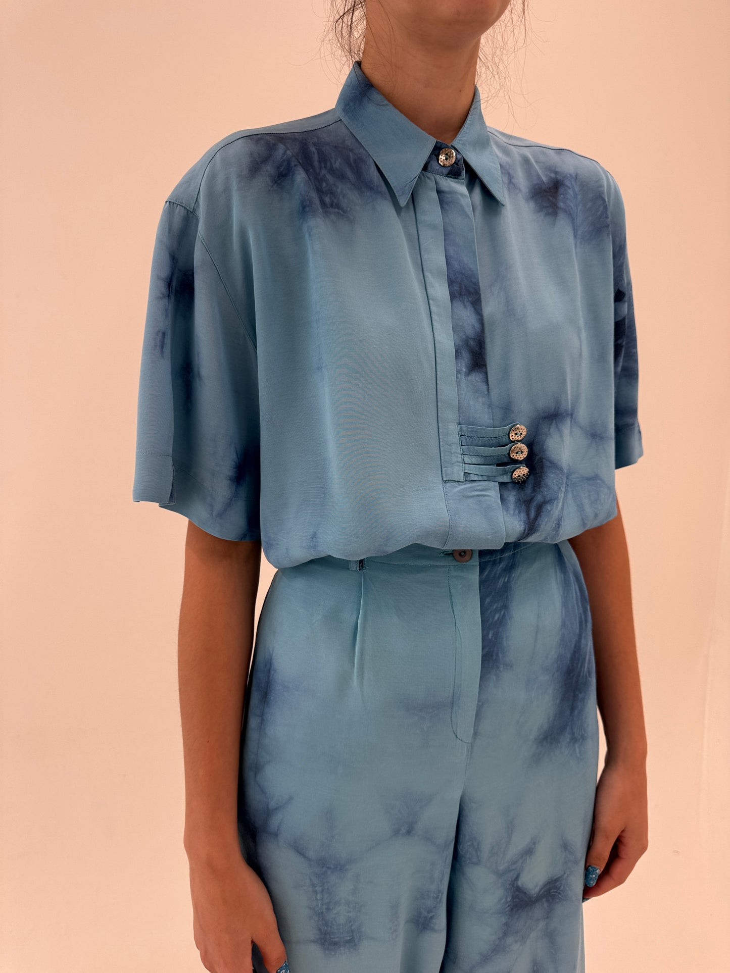 Set super vaporos baby blue cu print manual tye-and-dye și culottes