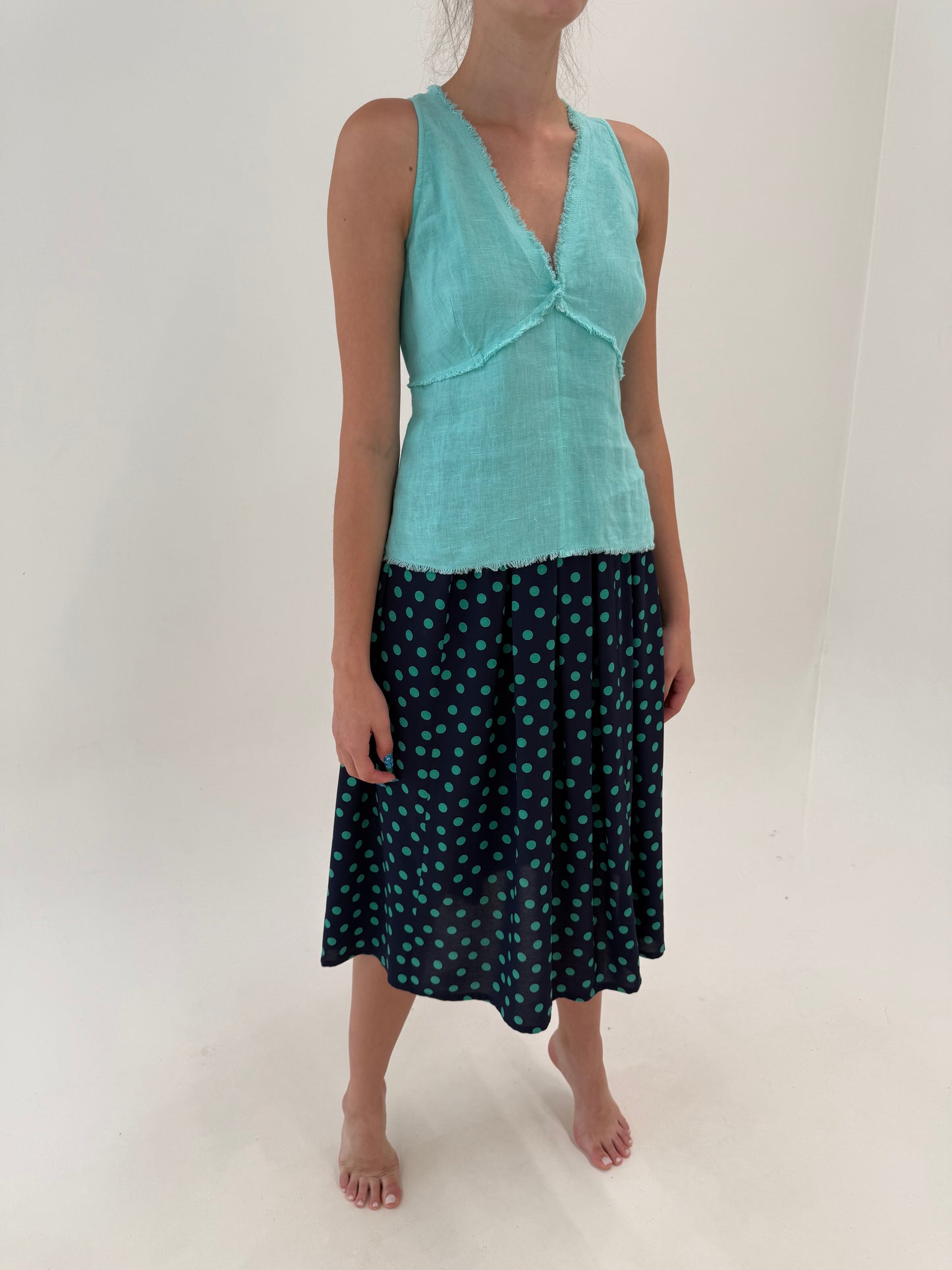 Fustă vintage midi Navy cu buline aqua și talie elastică ultra înaltă