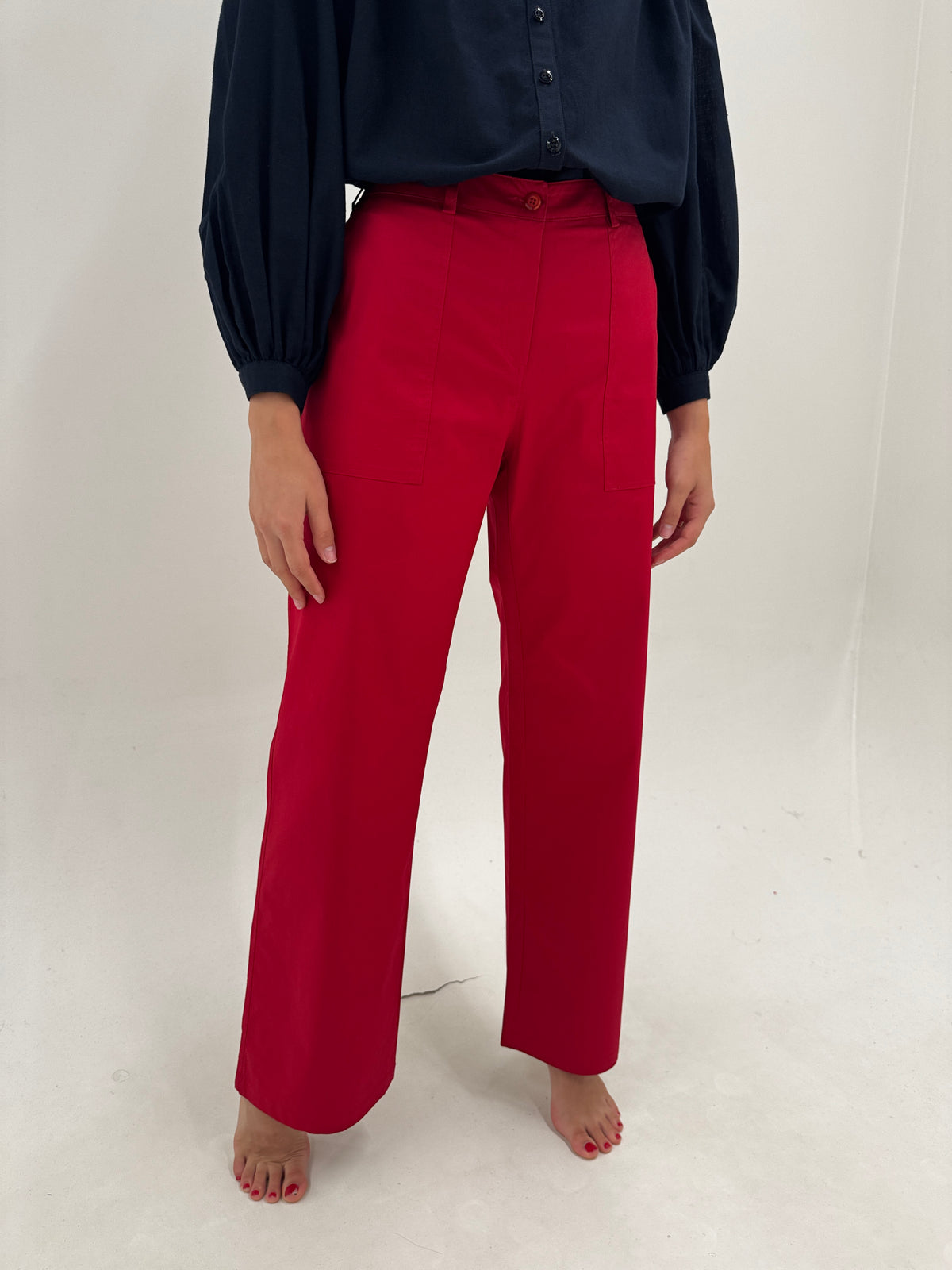 Pantaloni italienești dark cherry red din bumbac gros modelator cu solduri generoase