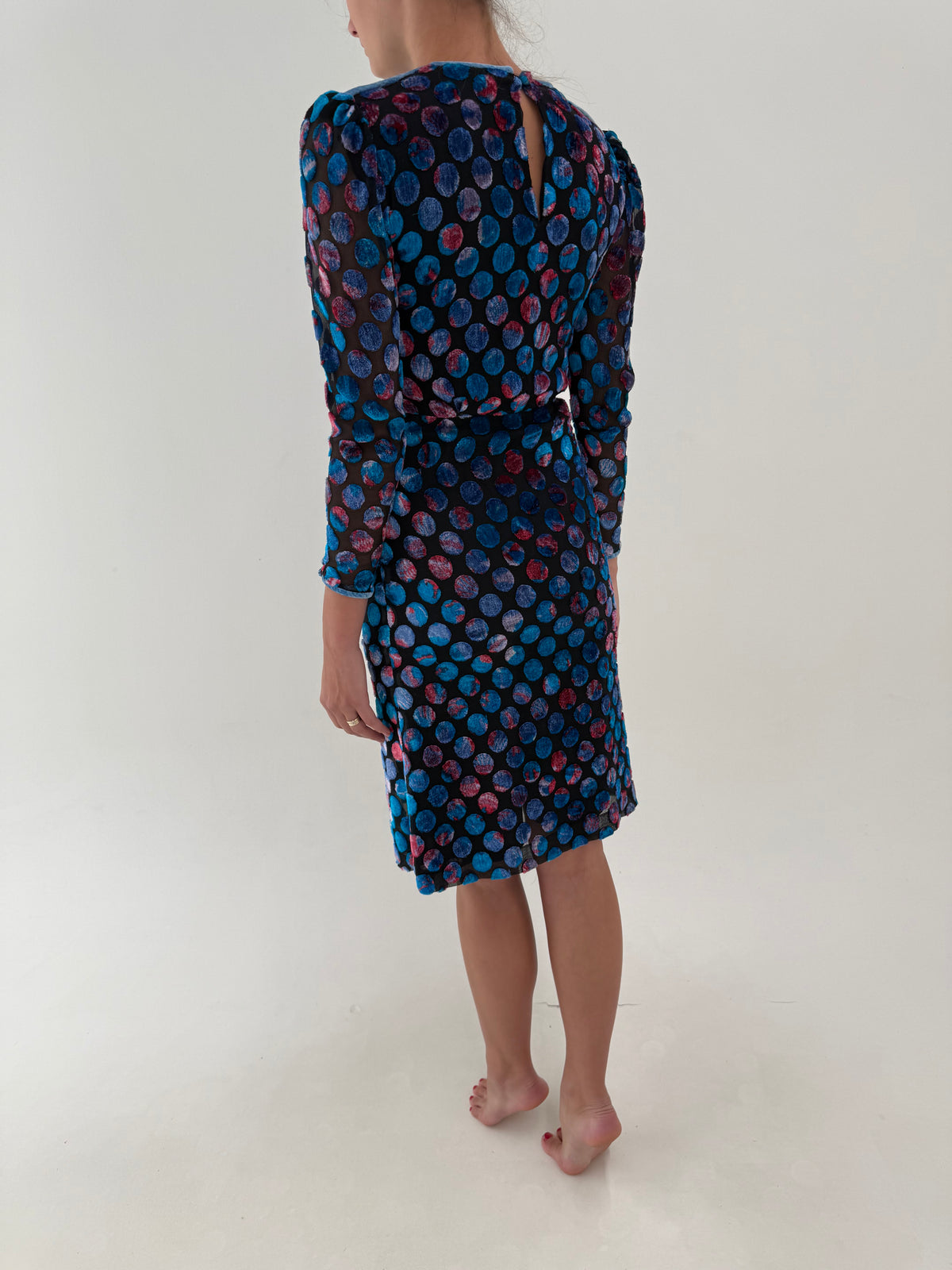 Rochie vintage luxury din devoré de mătase naturală cu buline în culori superbe