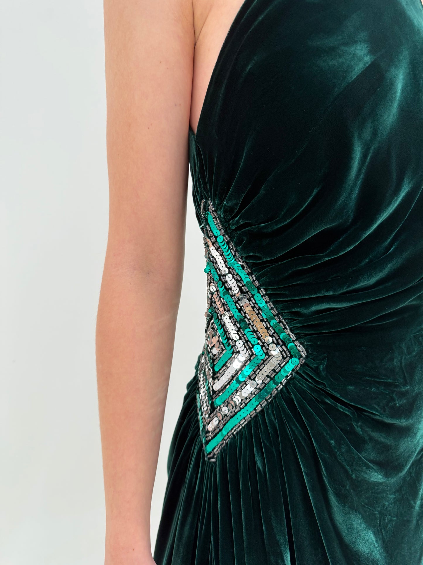 Rochie Old vintage couture de designer sfârșit de ani 70 din catifea de mătase naturală