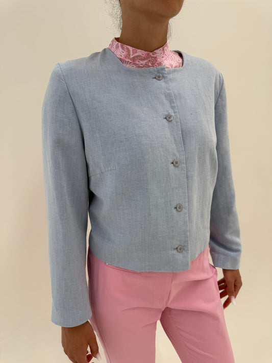 Sacou baby blue în croi minimalist stil Chanel din pânză de in și vascoza