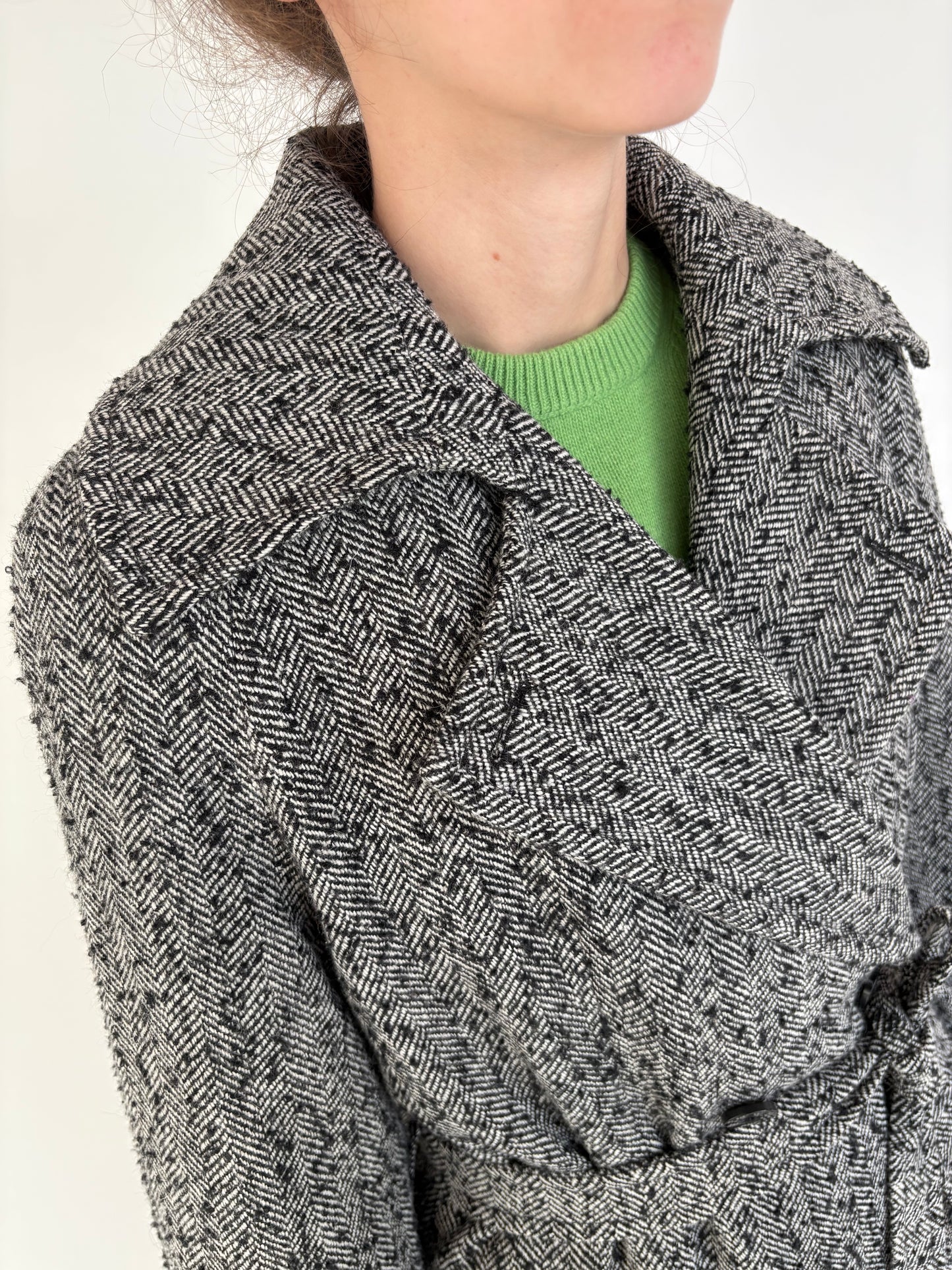 Palton din tweed herringbone rustic moale de lana cu cordon