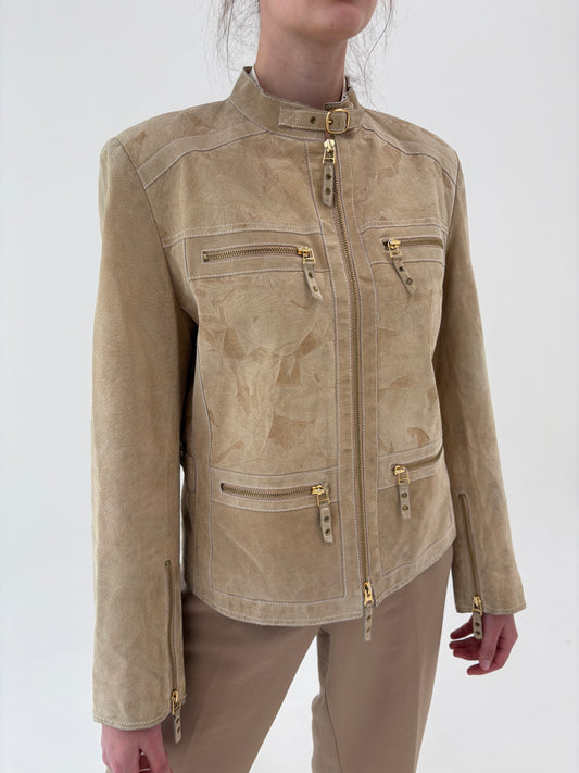 Biker jacket camel din suede exceptional și feronerie aurie