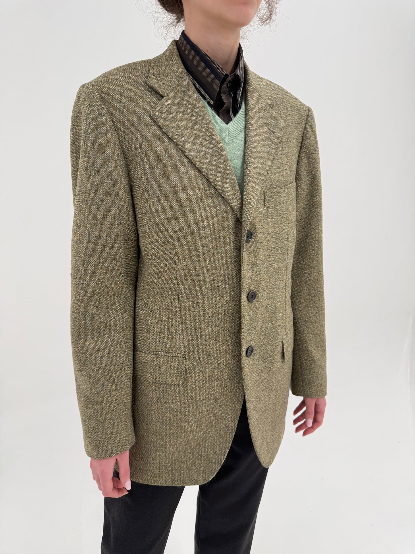 Sacou italian din tweed Donegal camel și kaki din lana în croi actual