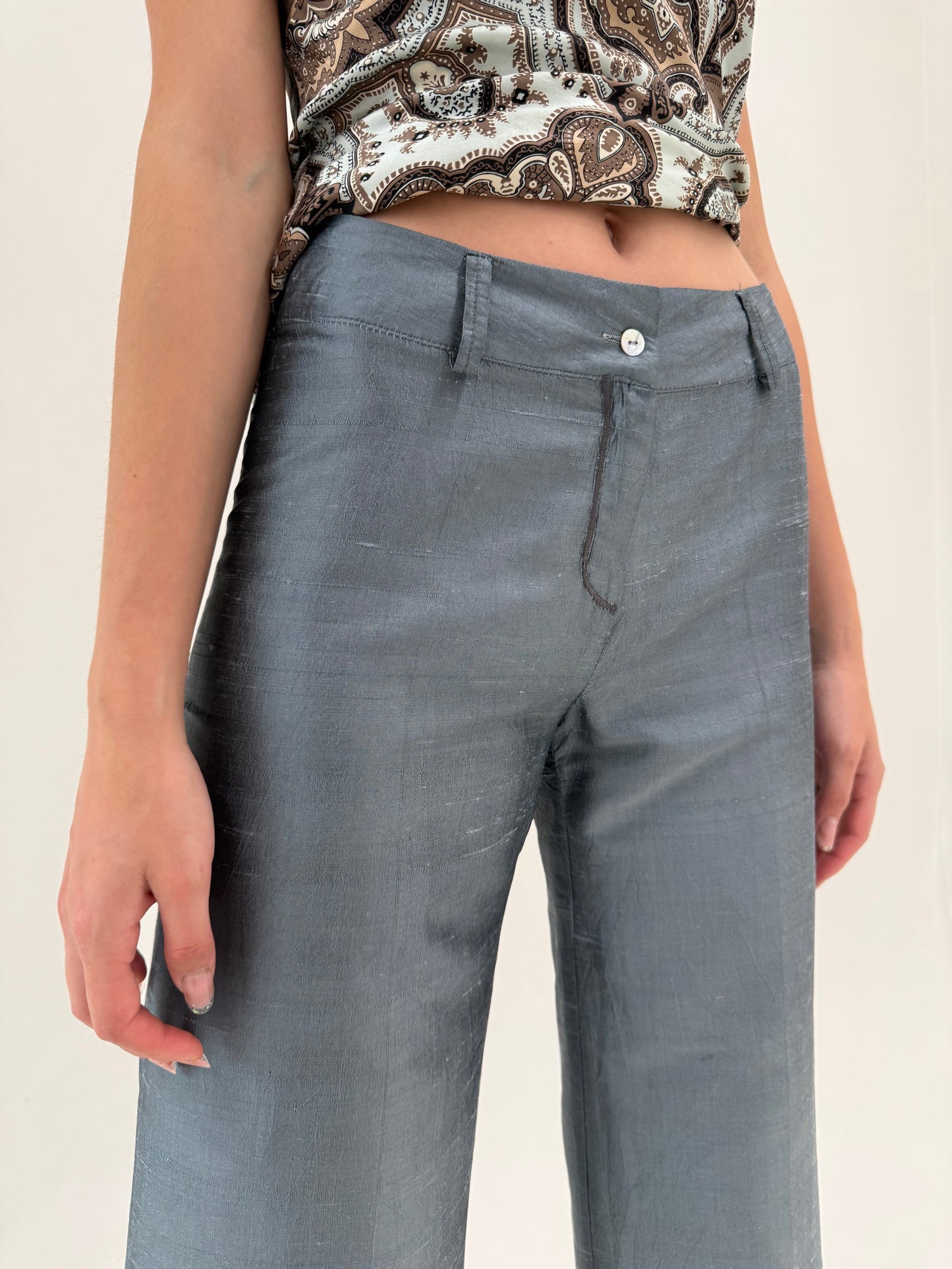 Pantaloni palazzo silver gray din mătase naturală dupioni