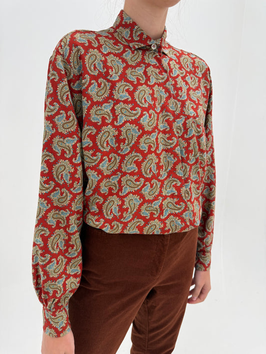 Cămașa vintage dark cherry red cu print paisley din vascoza moale groasă