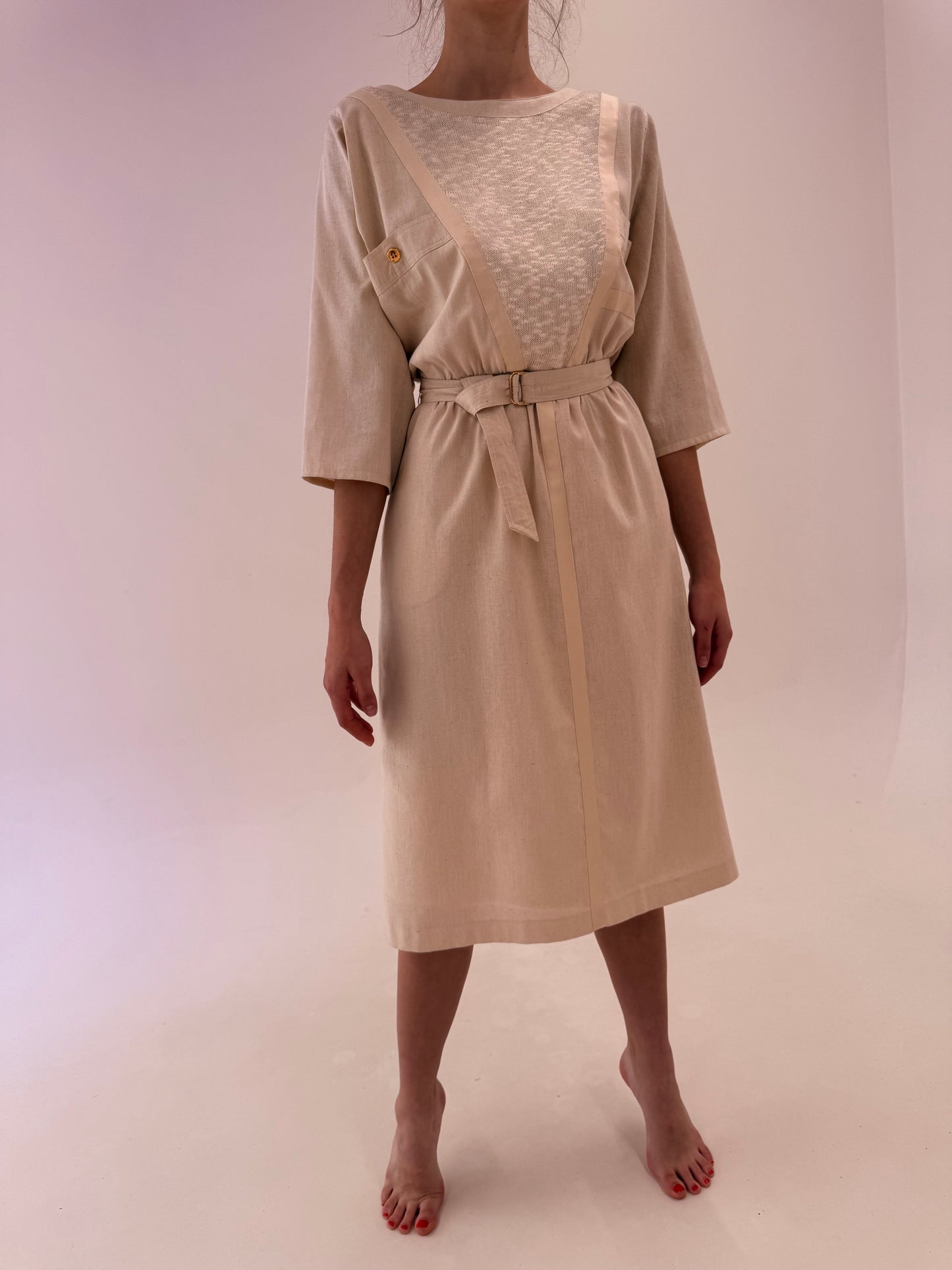 Rochie vintage din pânză de mătase naturală cu bumbac în croi retro modern