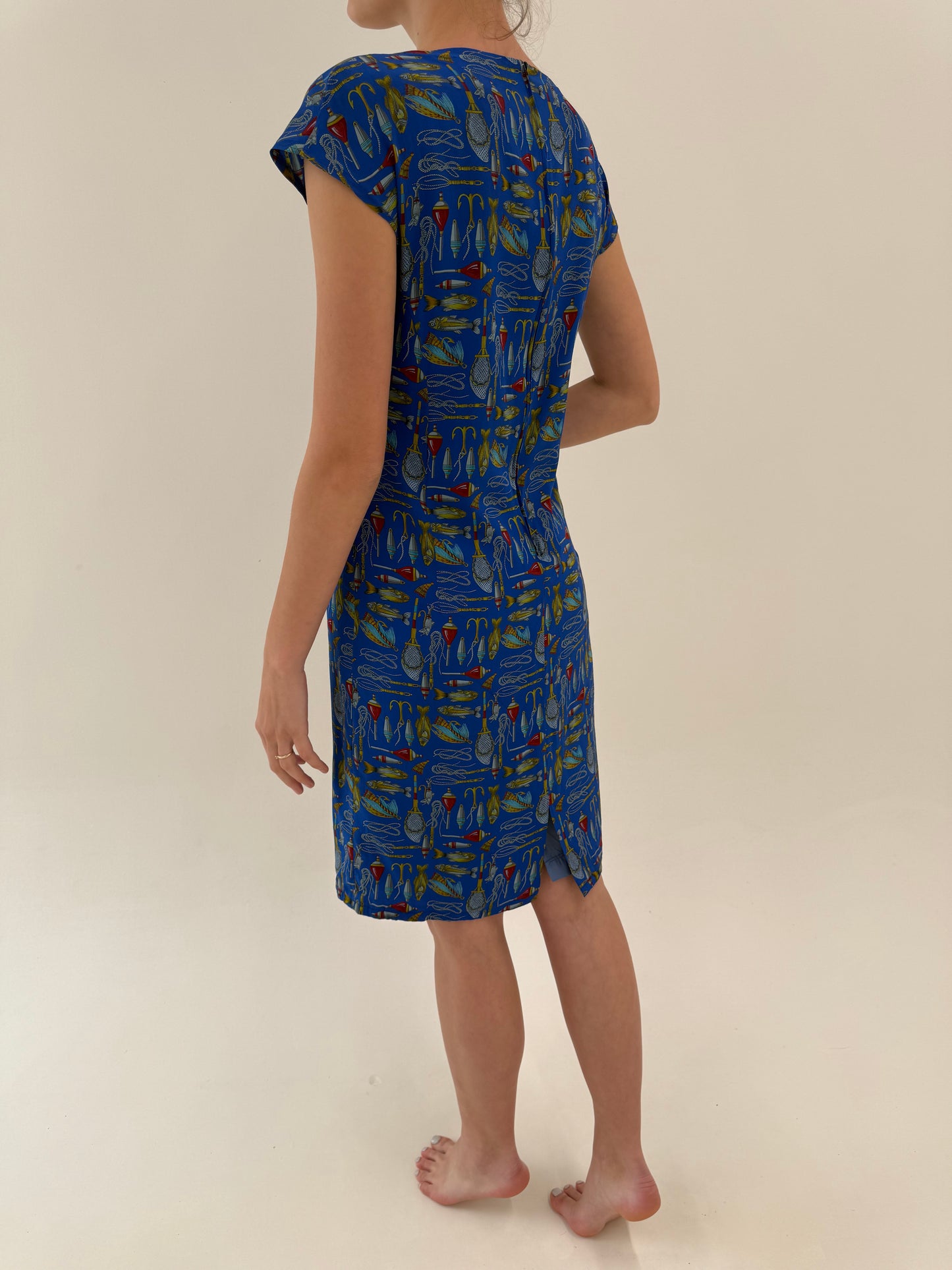 Rochie vintage albastru regal și print din mătase naturală cu mânecă ușor căzută