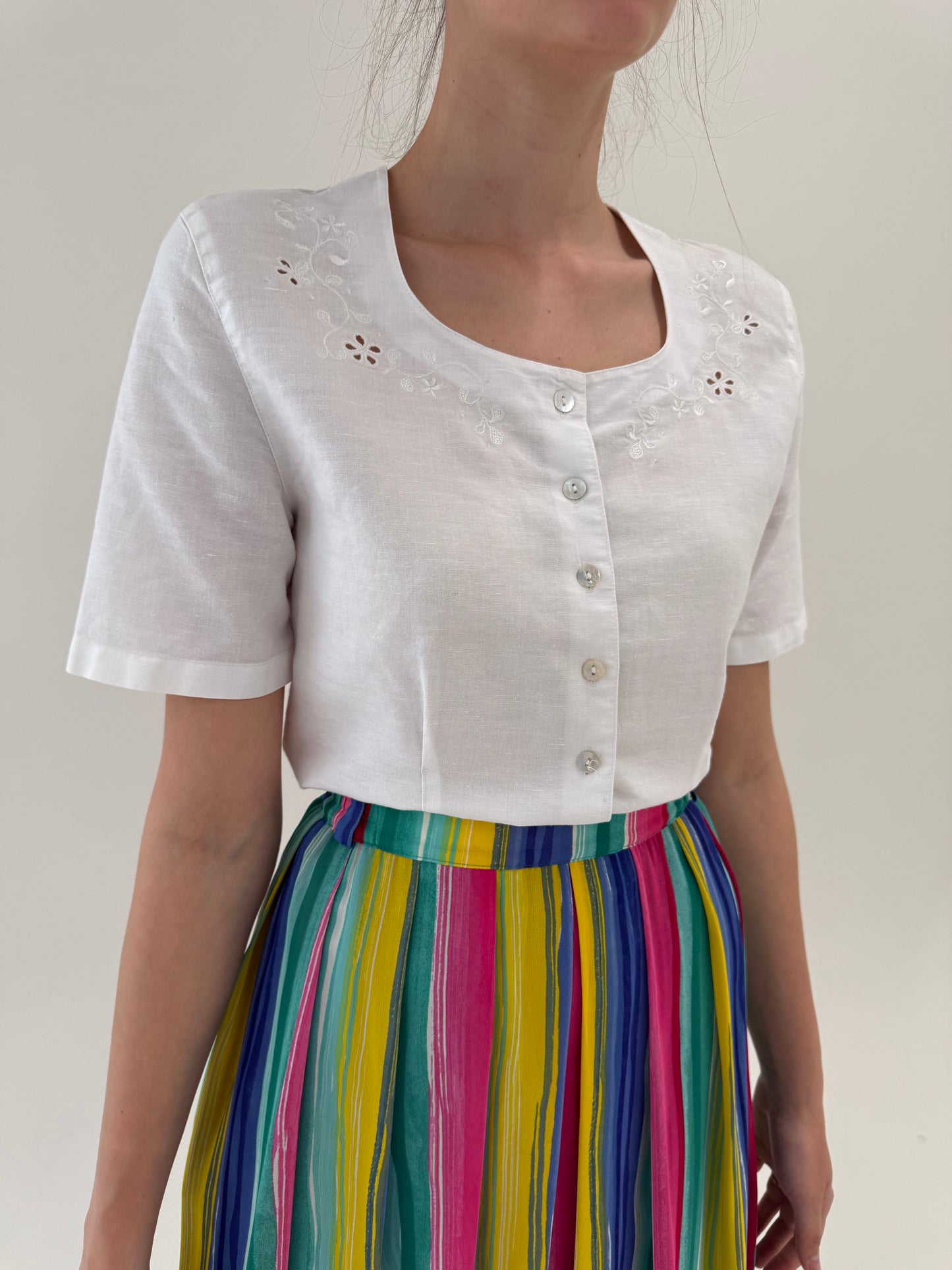 Corsaj vintage cu broderie anglaise din pânză de in și bumbac