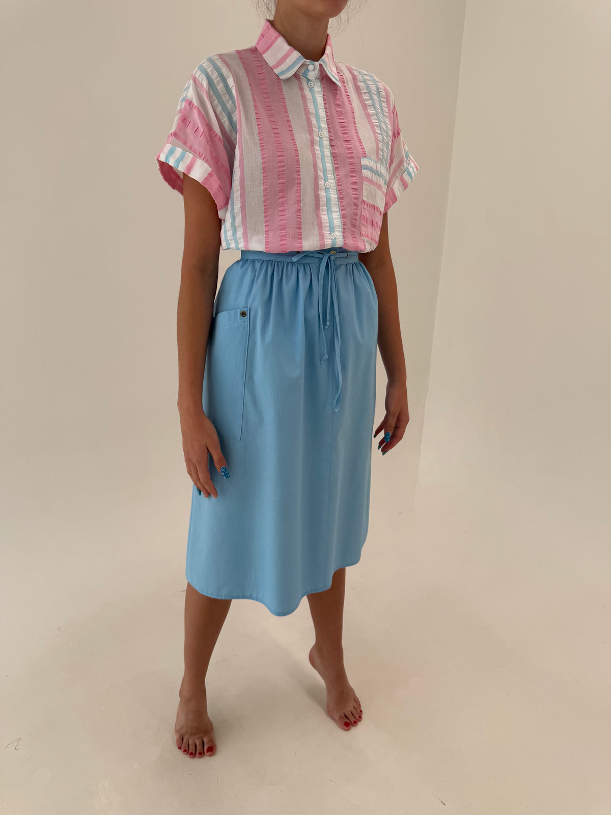 Fustă baby blue din canvas de bumbac cu influențe casual