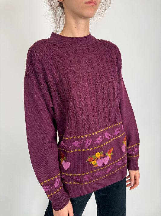 Pulover vintage aubergine cu torsade din mix de lana extrafina