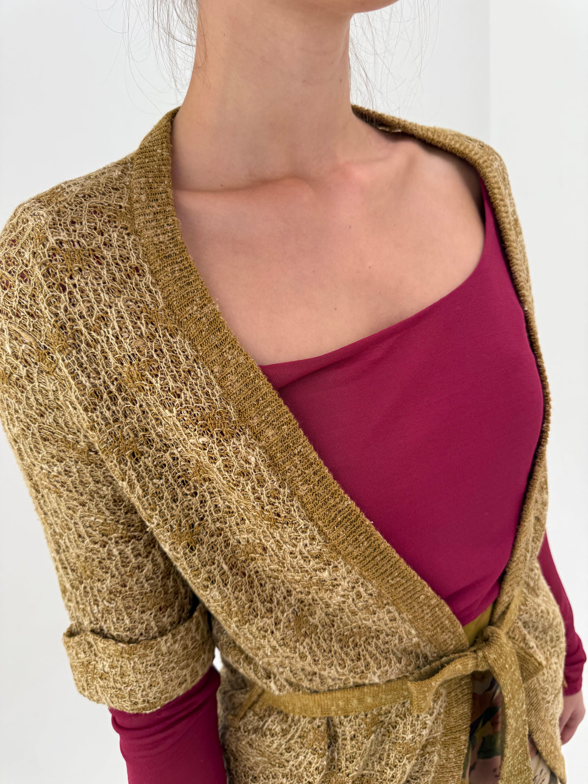 Cardigan vintage cu cordon mustard green din lana extrafina