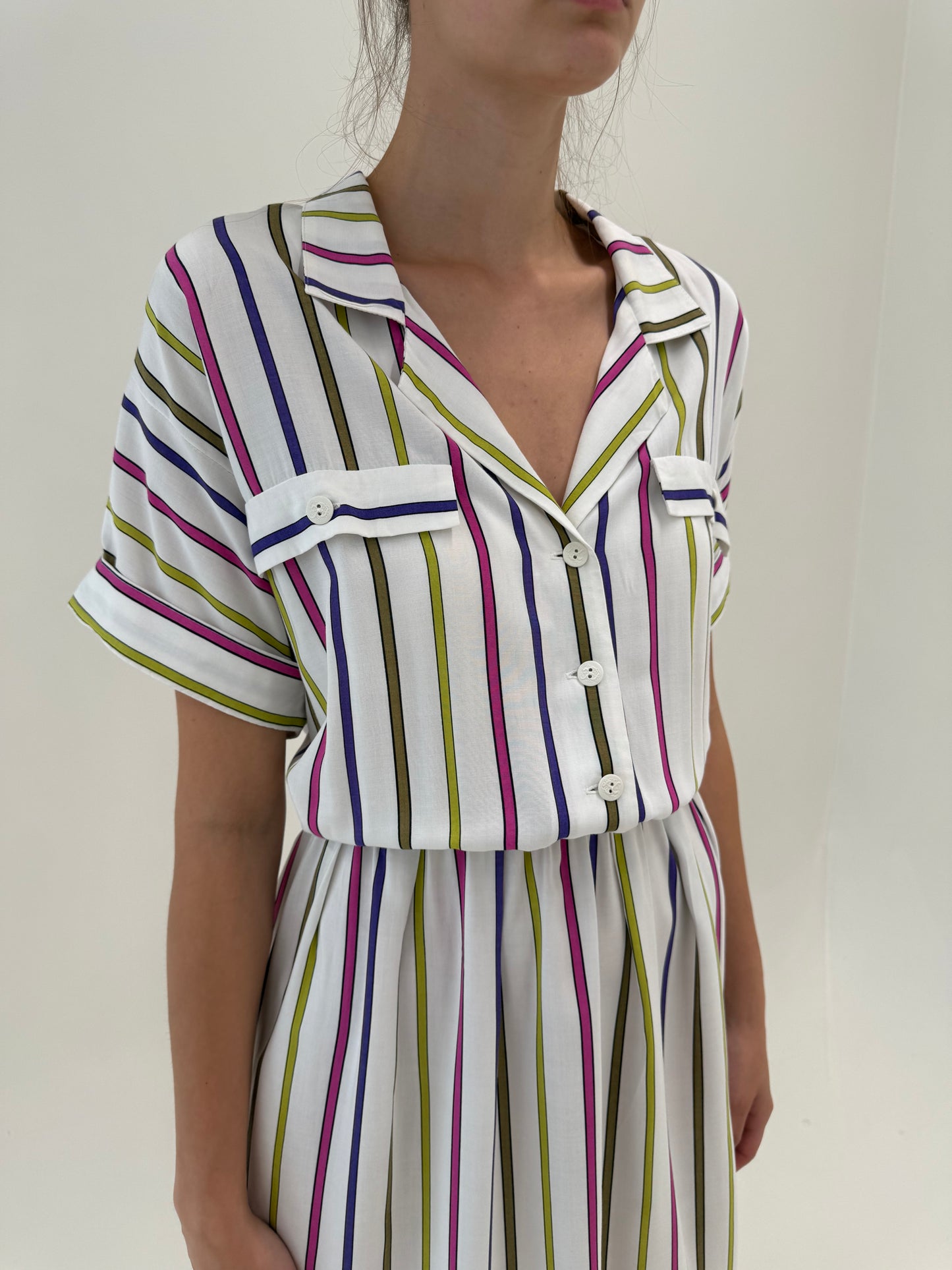 Rochie vintage super vaporoasă în dungi cu talie ultra înaltă elastică