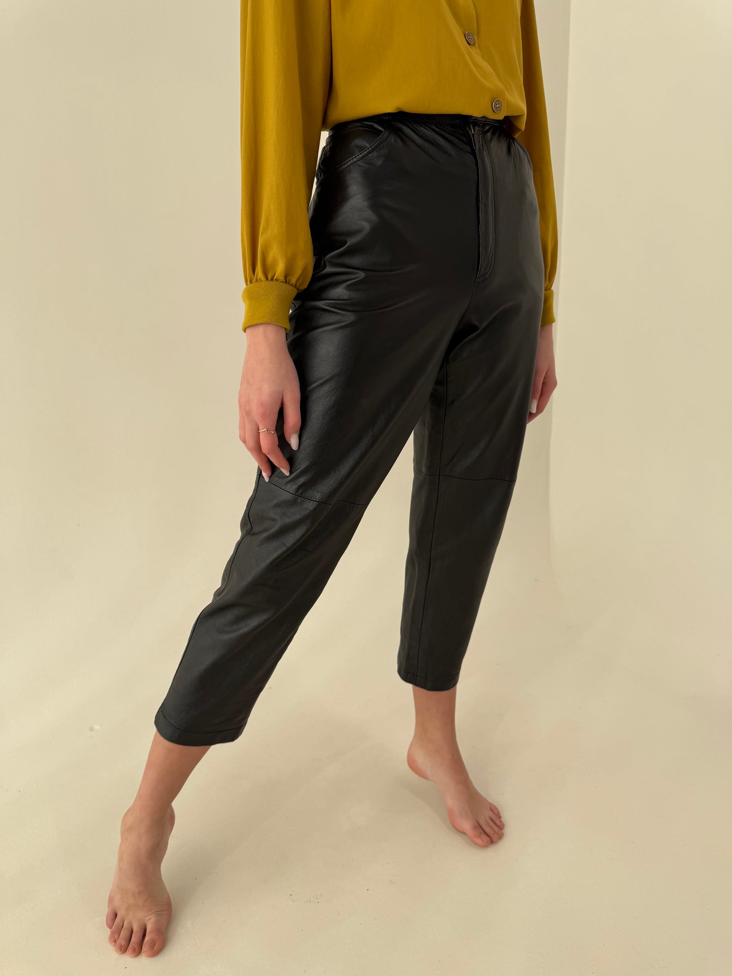 Pantaloni din piele naturală pentru extrem de moale și fină cu talie înaltă