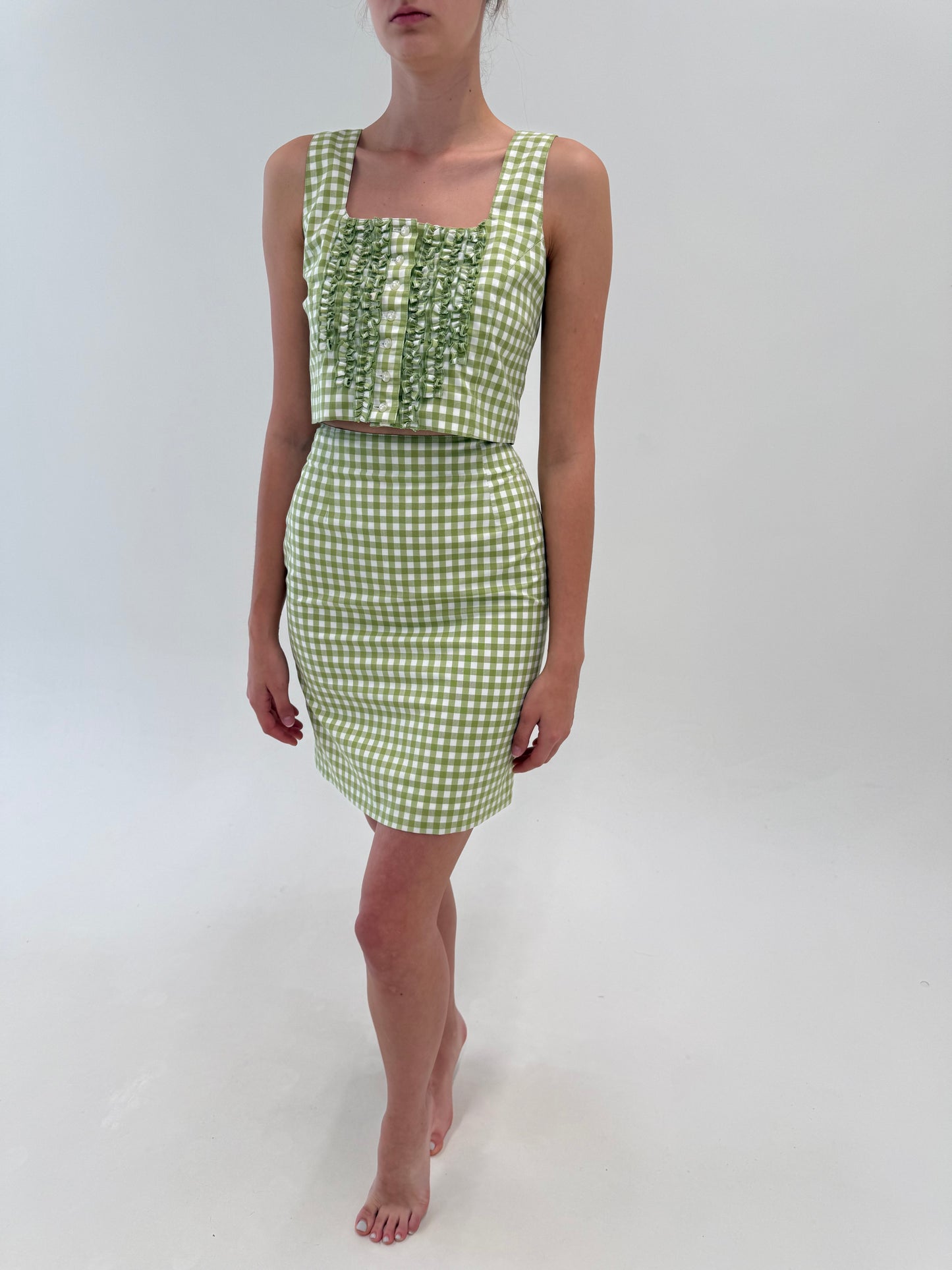 Set gingham din pânză de bumbac cu corsaj și fustă creion