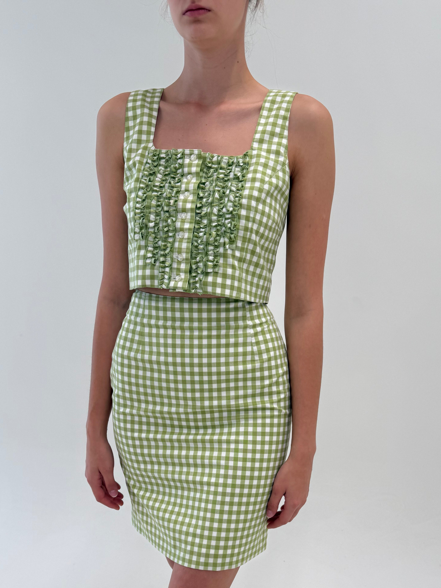 Set gingham din pânză de bumbac cu corsaj și fustă creion