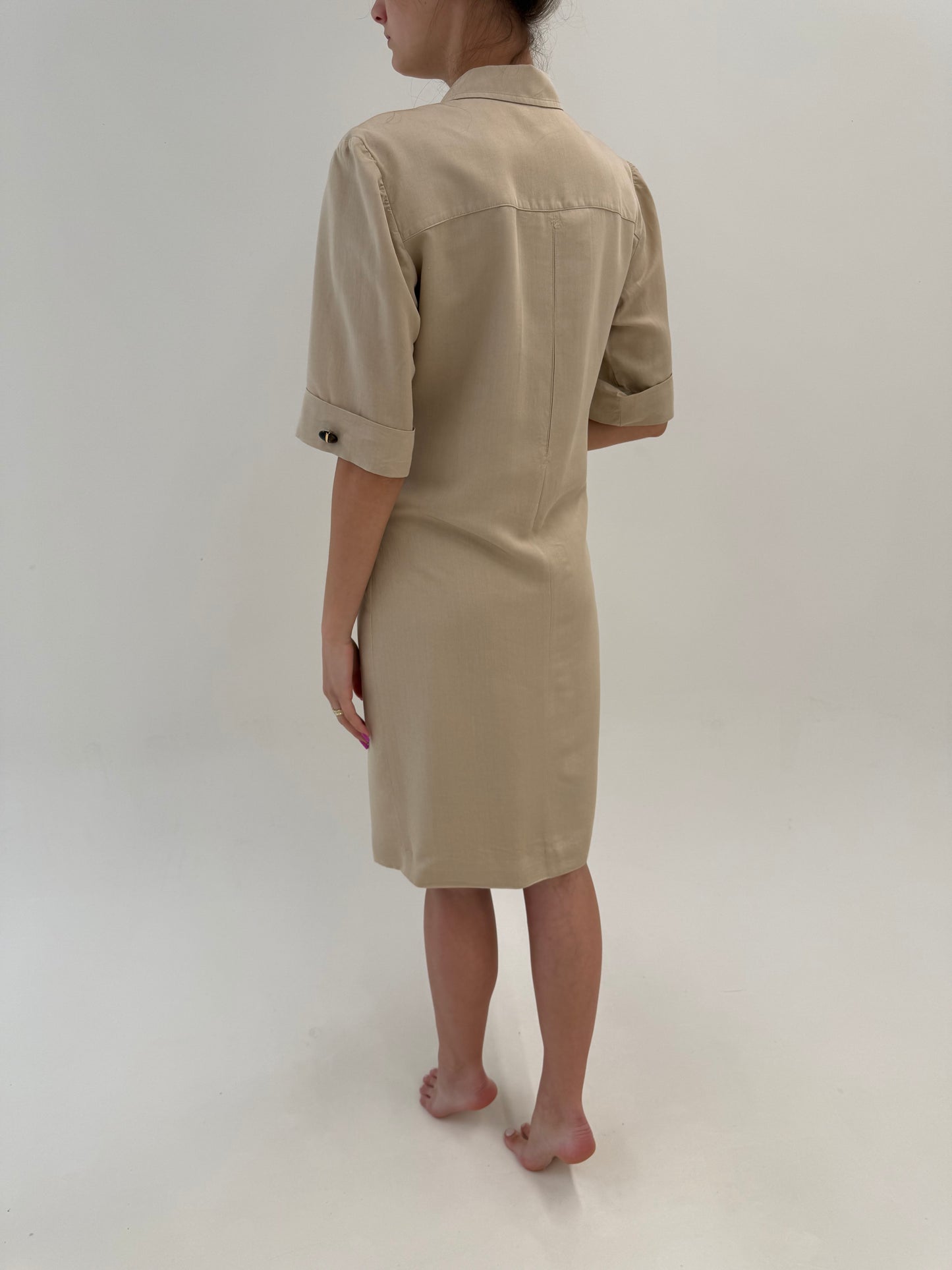 Rochie vintage de designer italian Safari din pânză de in cu aplicații manuale