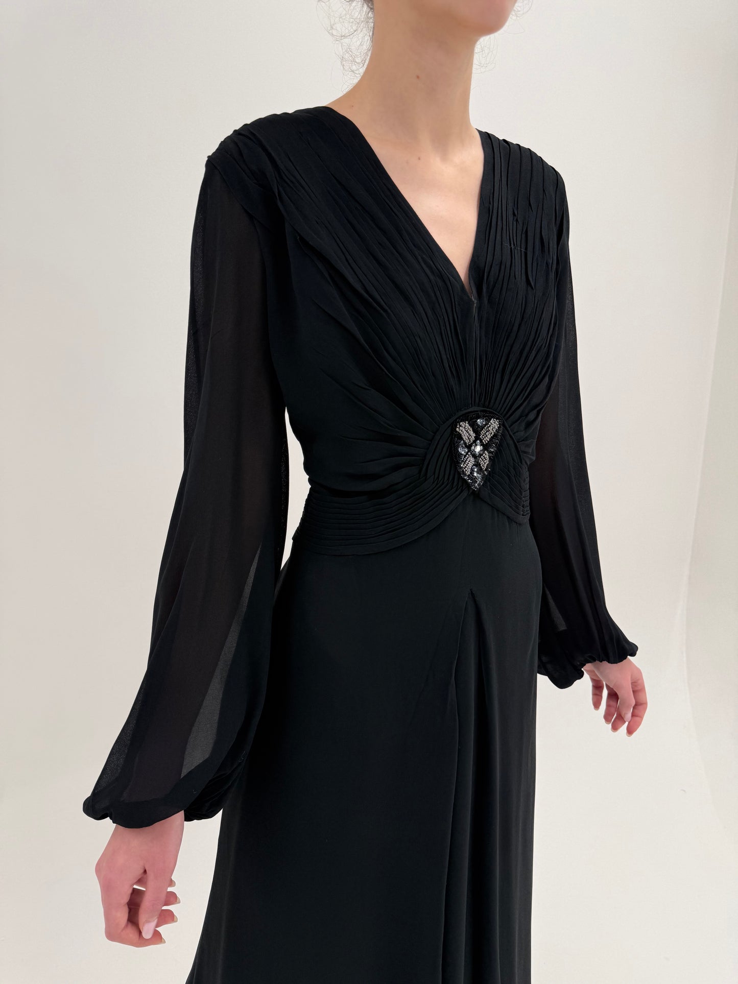 LBD maxi Old vintage anii 40 de colecție din heavy silk georgette cu influențe Art Deco