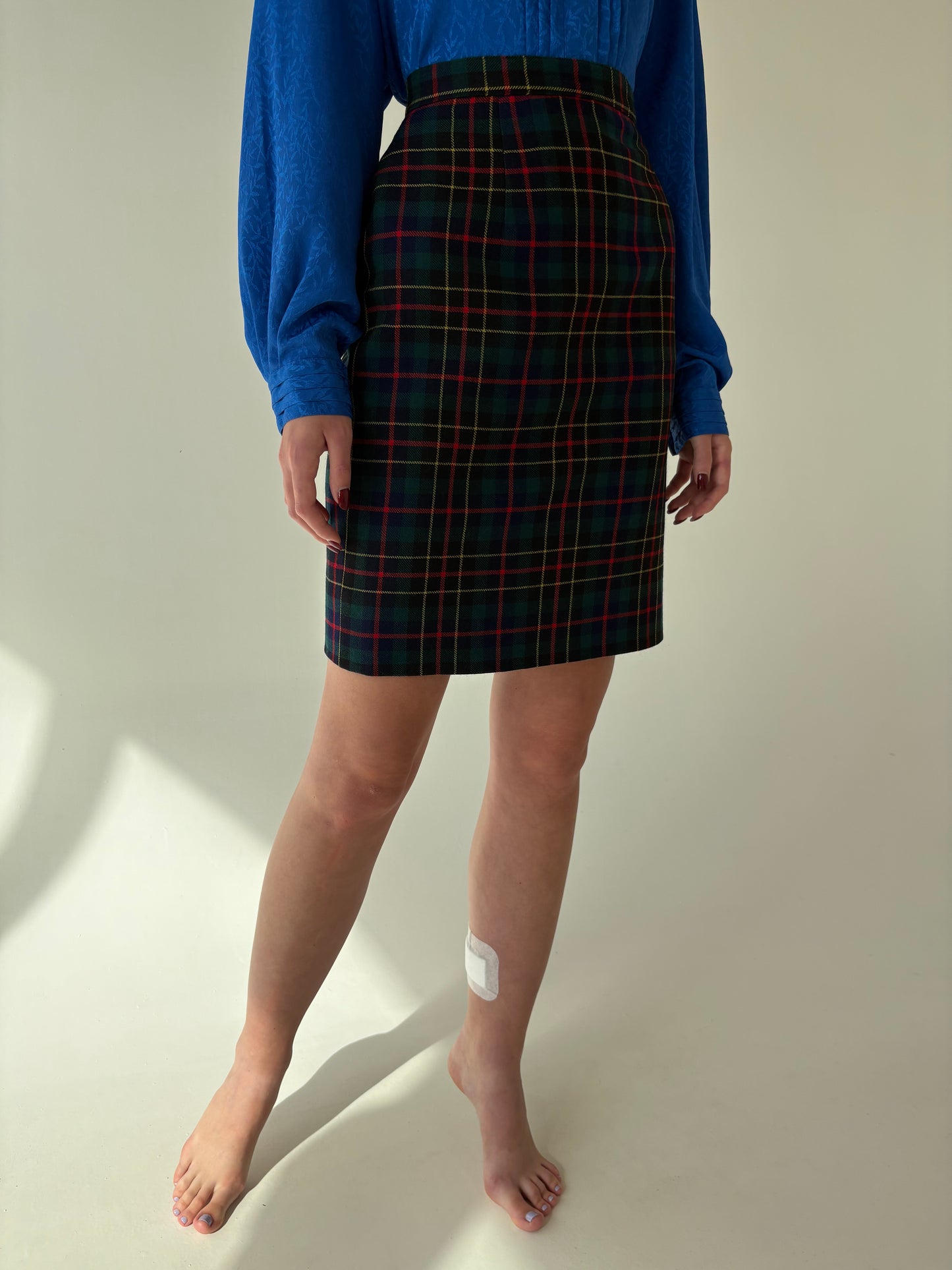 Fustă conică din Tartan de lana extrafina cu talie ultra înaltă marcată