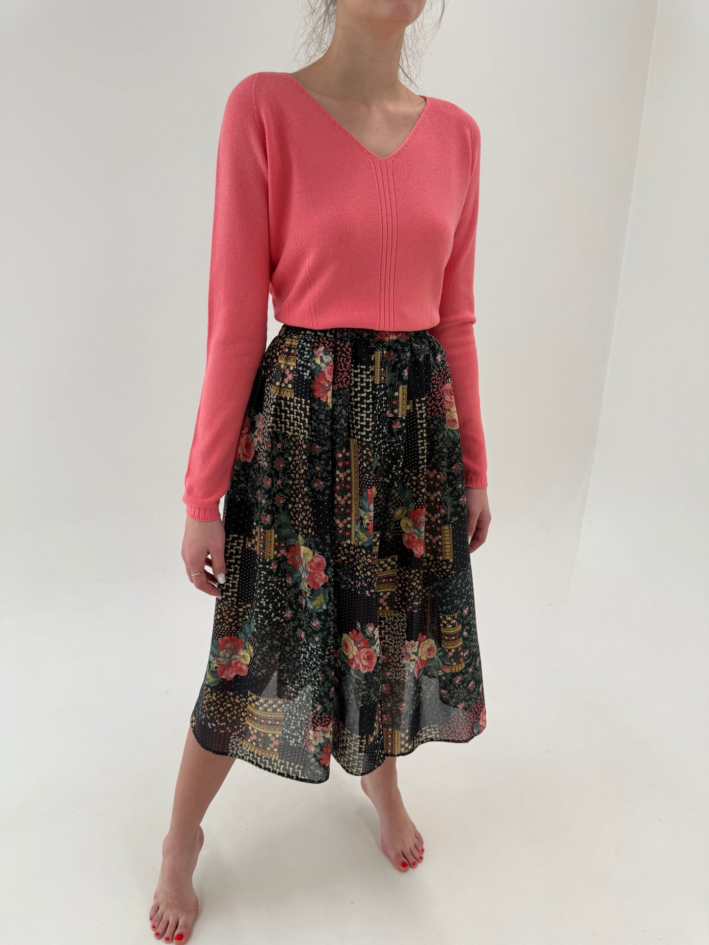Fustă vintage midi lung cu print superb și talie ultra înaltă elastică