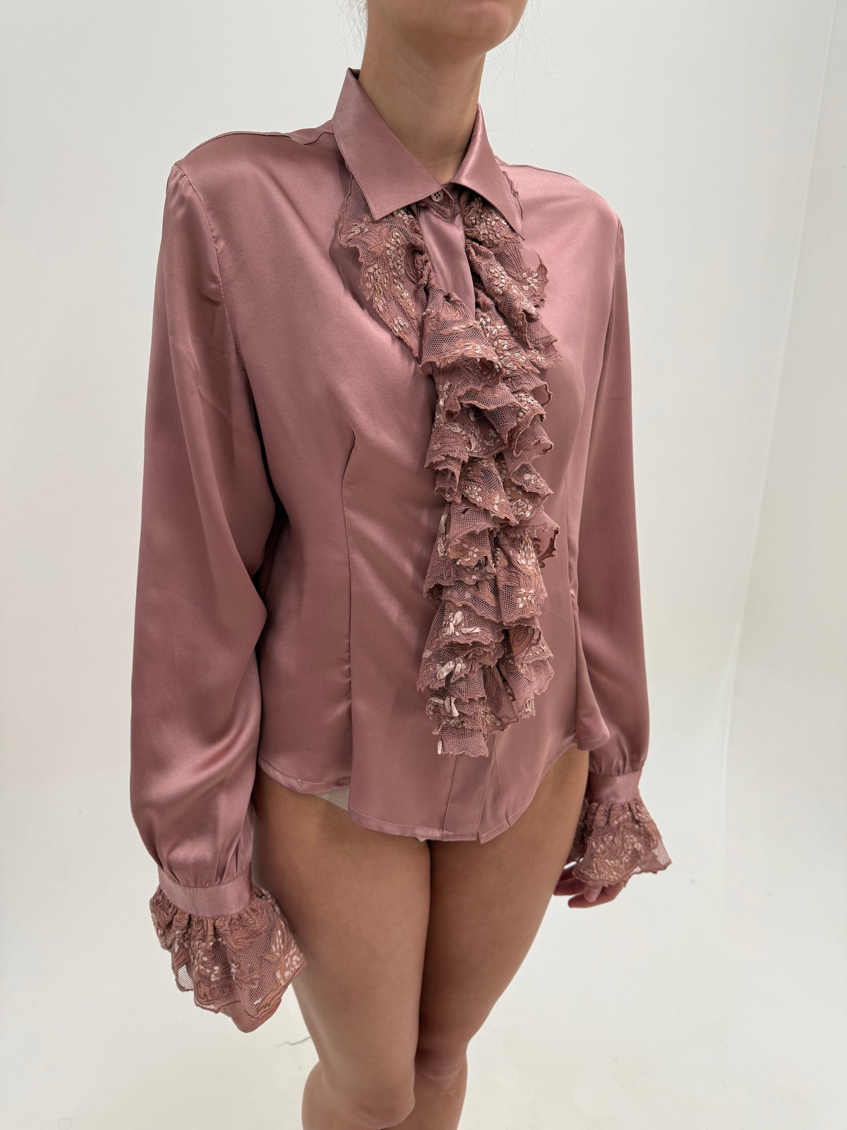 Cămașa Roberto Cavalli din mătase naturală cu jabou bogat dusty Pink