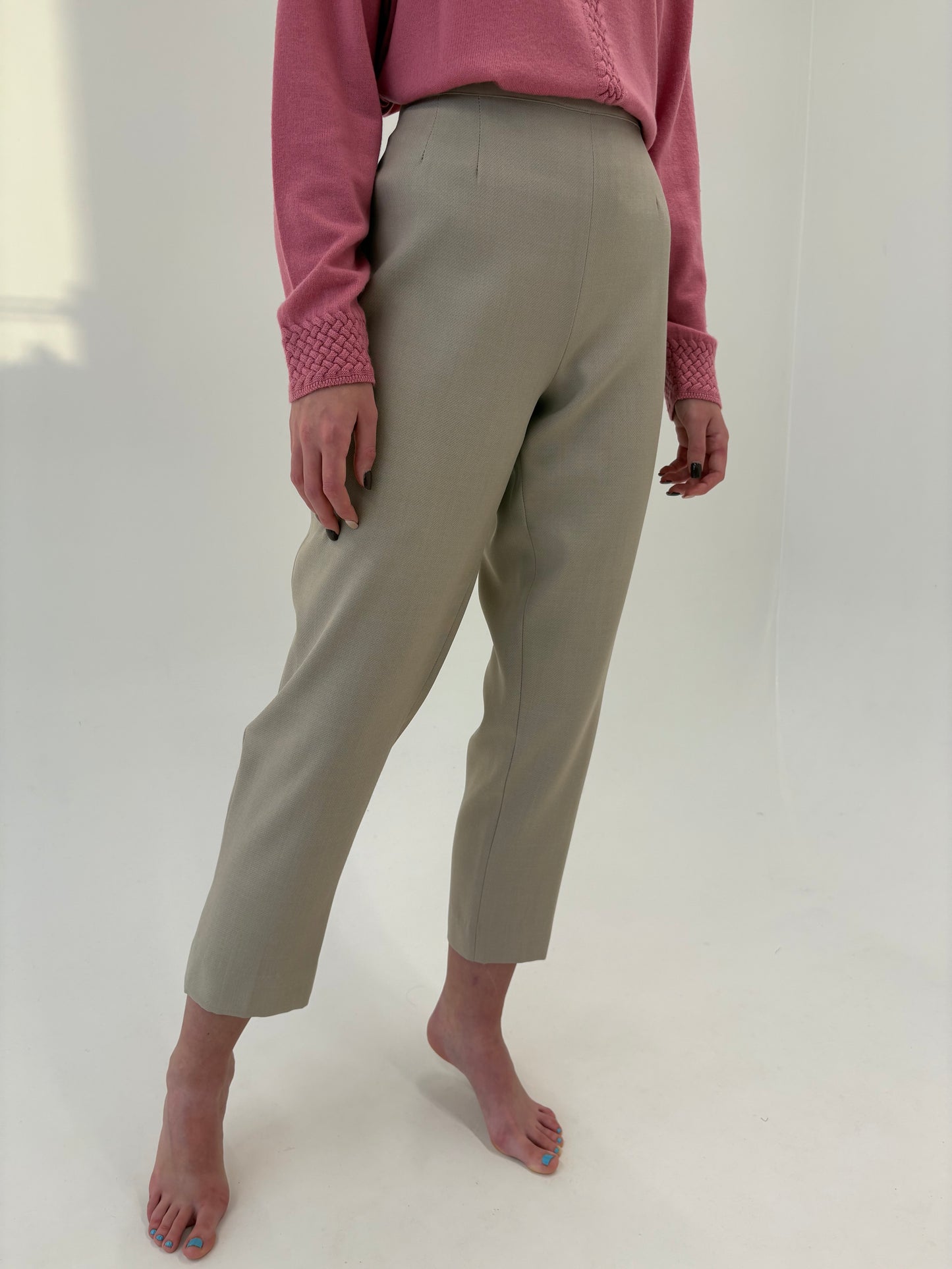 Pantaloni light nude țigaretă cu talie ultra înaltă din lana extrafina