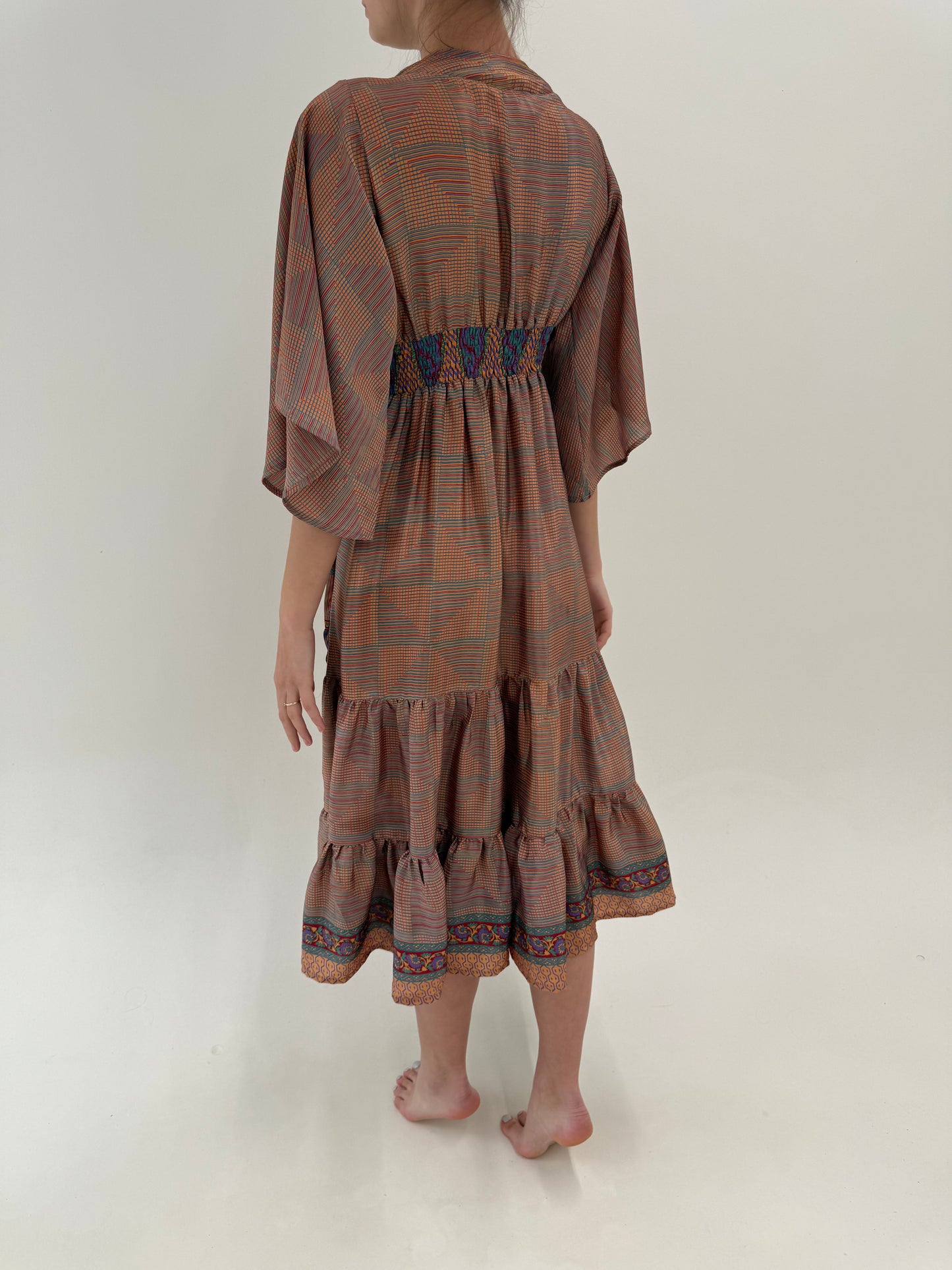 Rochie maxi boho cu talie ultra înaltă elastică din mix de mătase naturală