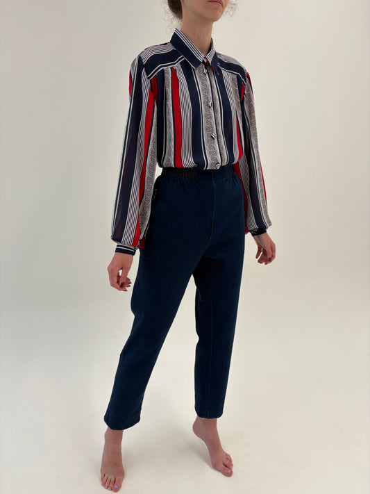 Jeans vintage ultra confort modelatori cu manșete gingham și talie elastică