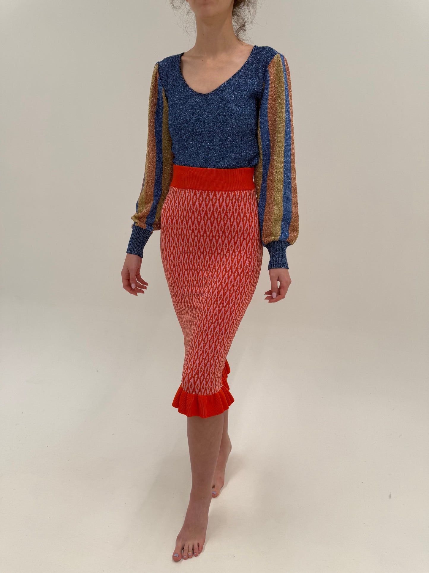 Fustă în culori tari din tricot în croi mermaid cu inserții extrafine de lurex