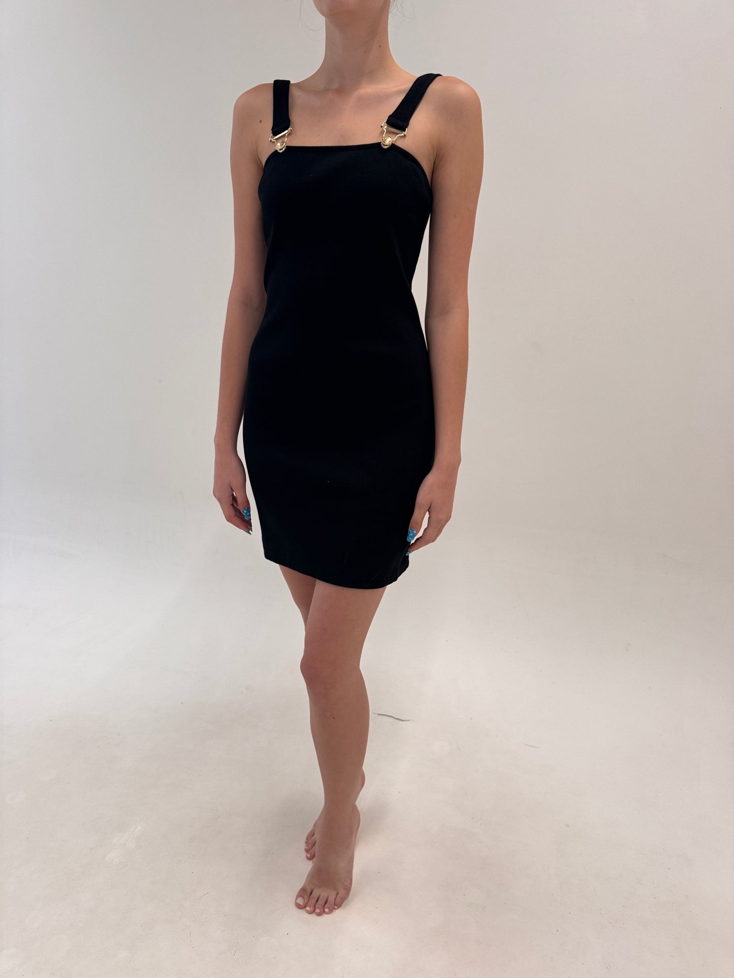 Rochie neagră Balmain cu feroniere aurie din bumbac modelator ultra confort