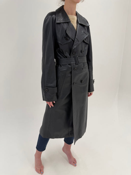 Trench vintage din piele naturală extrem de moale cu talie marcată reglabilă