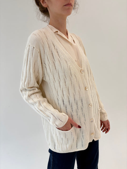 Cardigan butter white din in, mătase naturală și bumbac dantelat