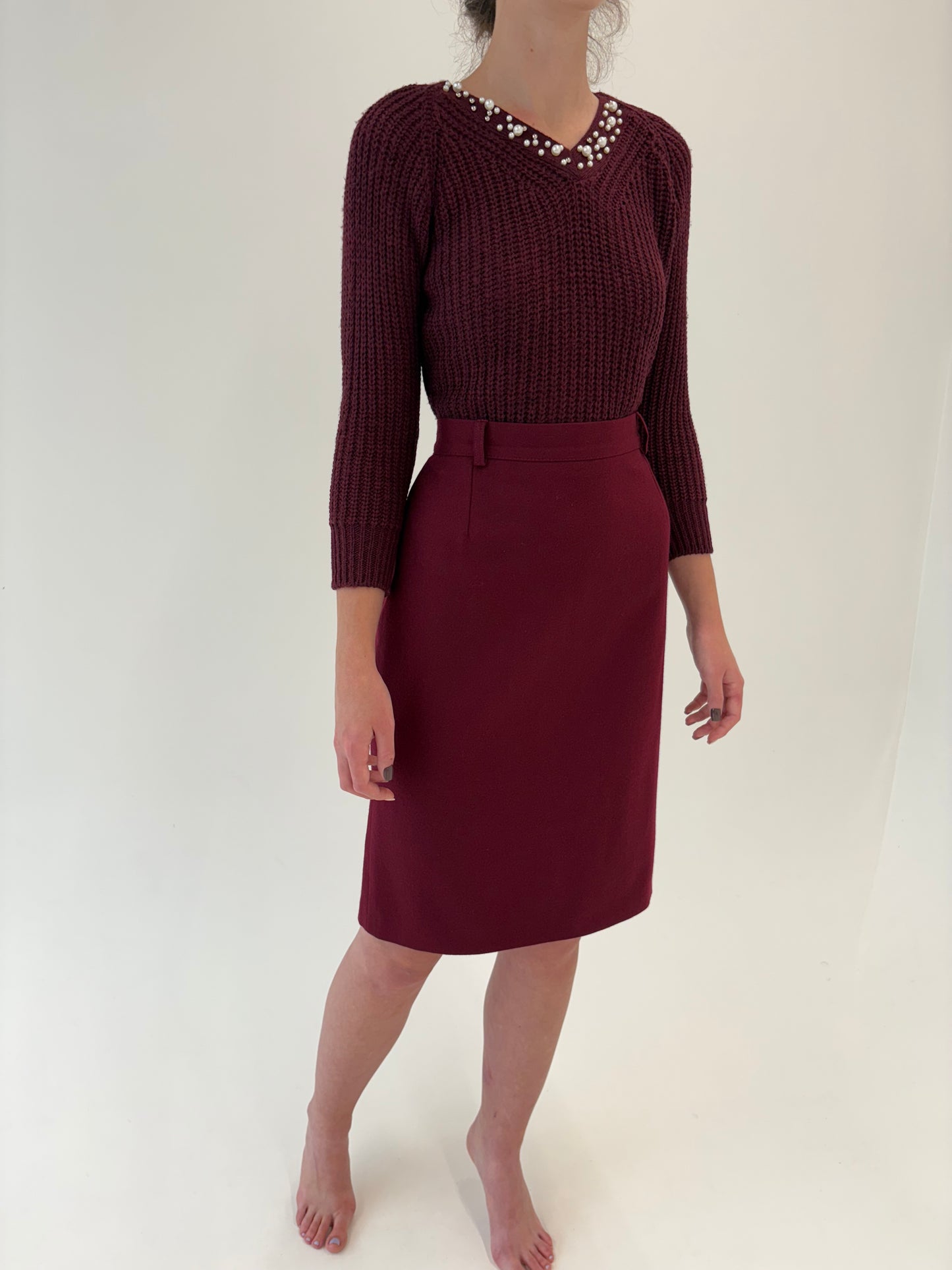 Fustă vintage burgundy cu talie ultra înaltă din stofă de lana merino