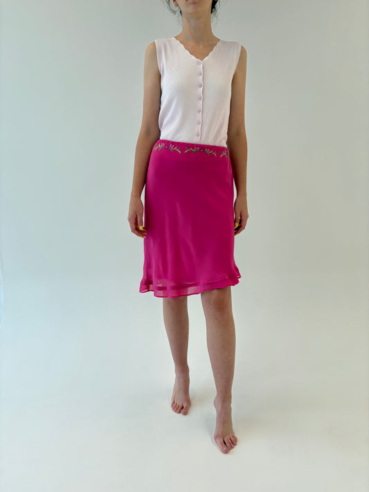 Fustă neon pink din mătase naturală în bie cu broderie