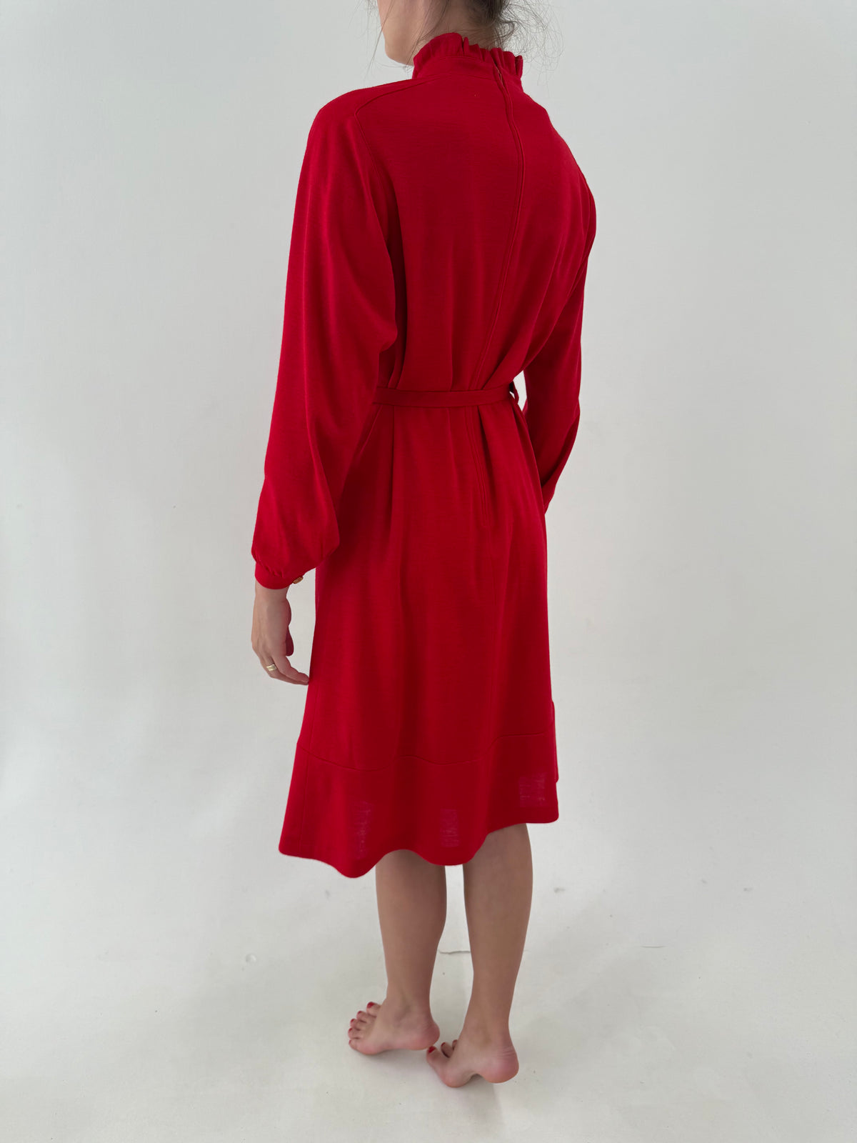 Rochie vintage cherry red cu talie marcată reglabilă din lana extrafina
