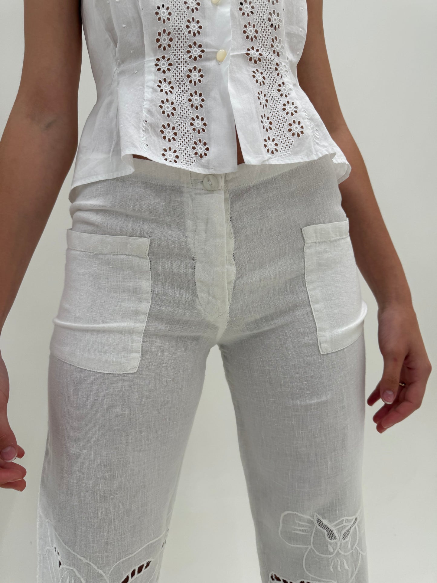 Pantaloni de brand luxury italian din in Antica Sartoria Italiana cu broderie anglaise