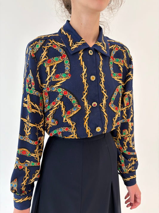 Cămașa vintage din mătase naturală texturată cu print baroc