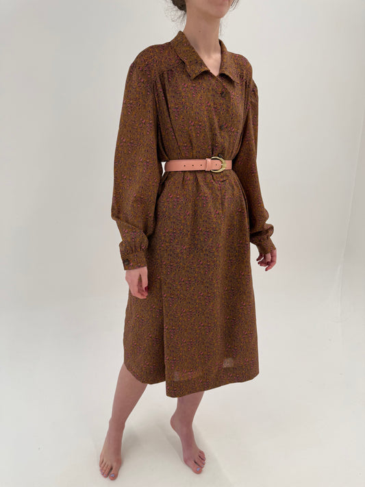 Robe chemise vintage din lana extrafina caramel brown cu print roz delicat