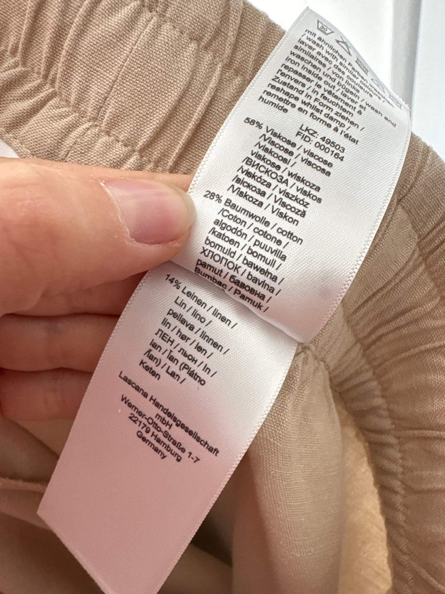 Pantaloni light camel petite din pânză moale de in și bumbac cu talie elastică