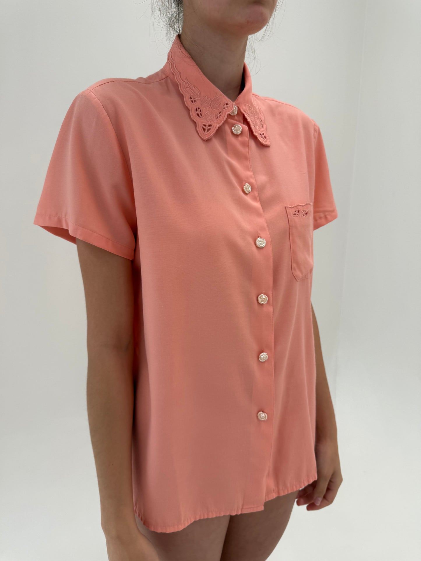 Cămașa vintage din panzica cu guler brodat salmon orange