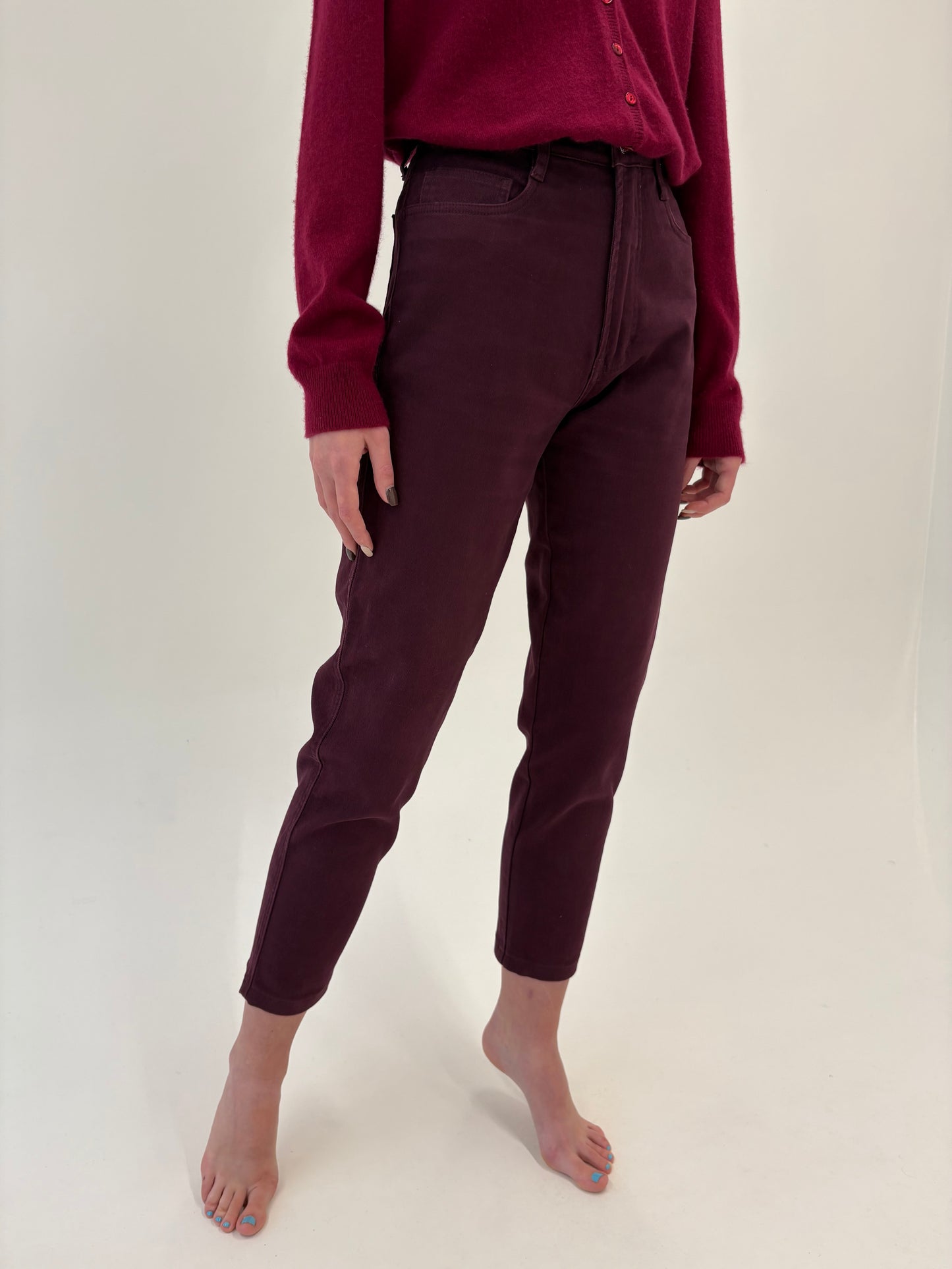Jeans vintage burgundy cu talie ultra înaltă modelatori mom fit