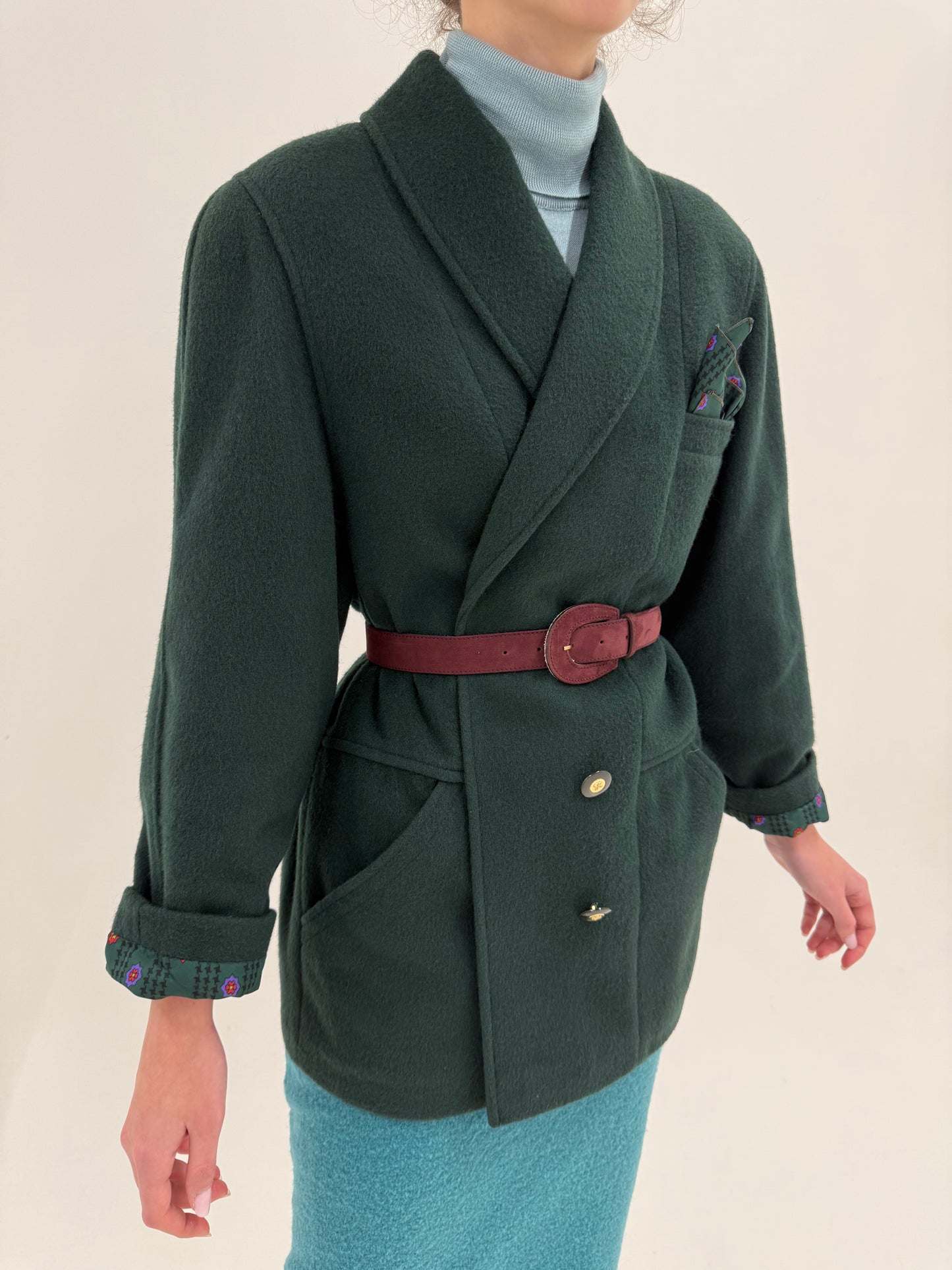 Jacheta vintage de brand luxury plus size Elena Miro din lana plină forest green