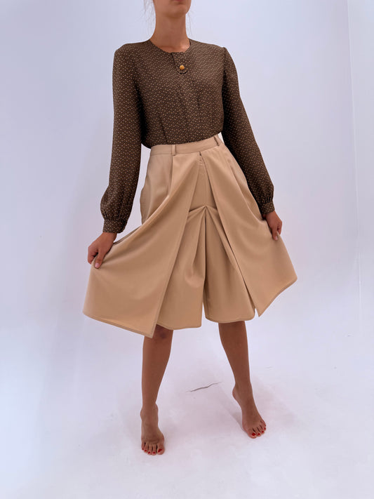 Fustă pantaloni Max Mara camel din stofă de lana extrafina subțire cu buzunare