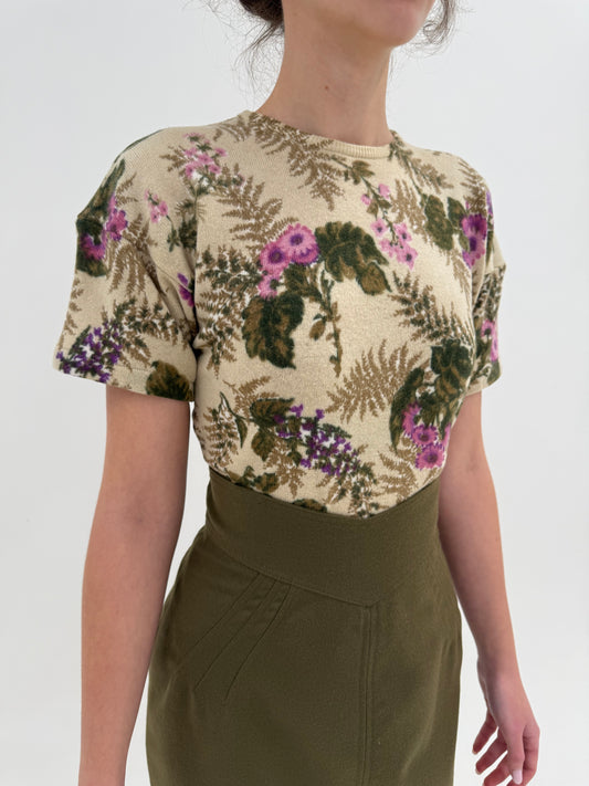 Top nude cu print superb organic din lana extrafina în croi lejer