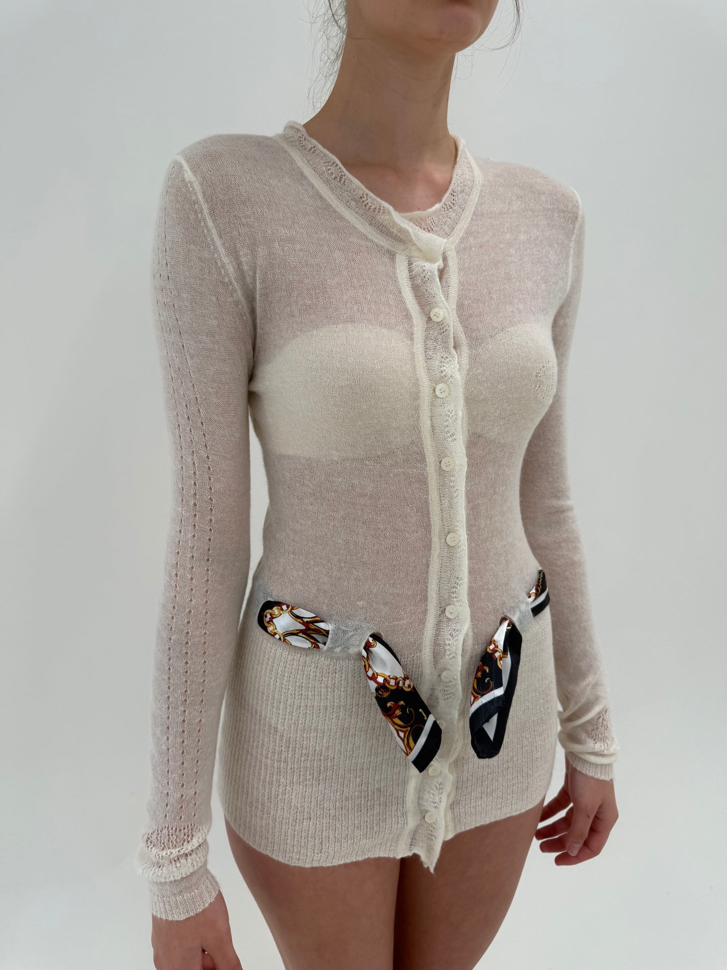 Cardigan Roberto Cavalli din ultra thin wool cu cordon tip eșarfă