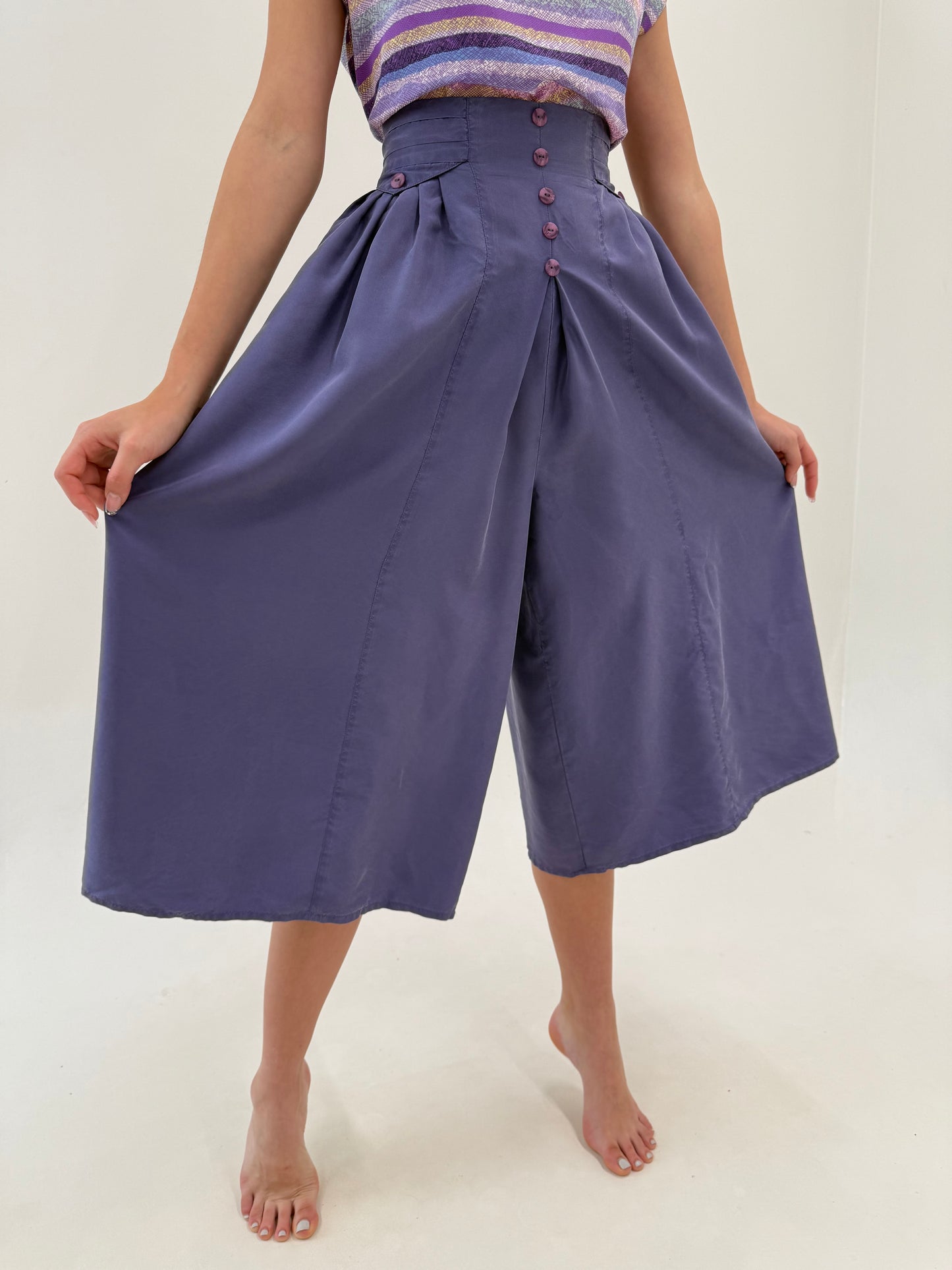 Fustă pantaloni din mătase naturală cu talie extrem de marcată înaltă elastică