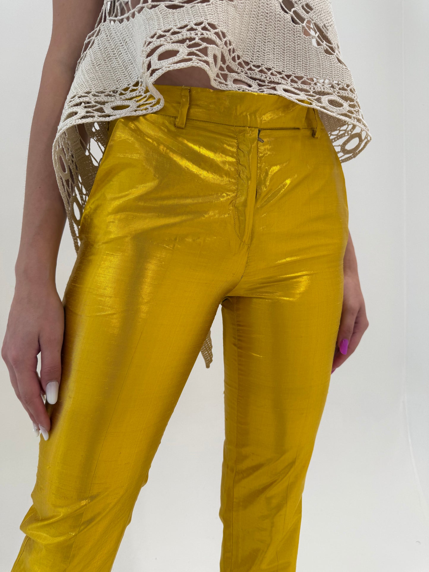 Pantaloni luxury de designer vintage italian din mătase naturală aurie spectaculoasă