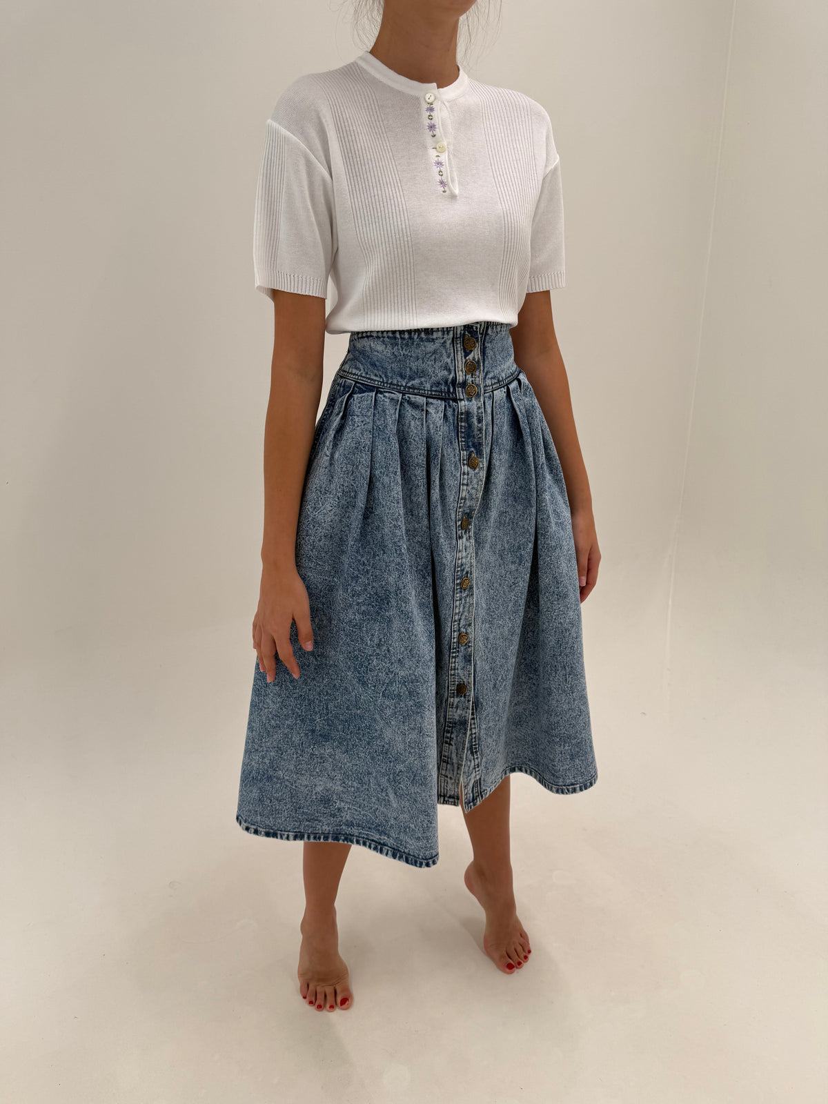 Fustă vintage din jeans în croi ultra amplu cu talie ultra marcată stonewash și buzunare