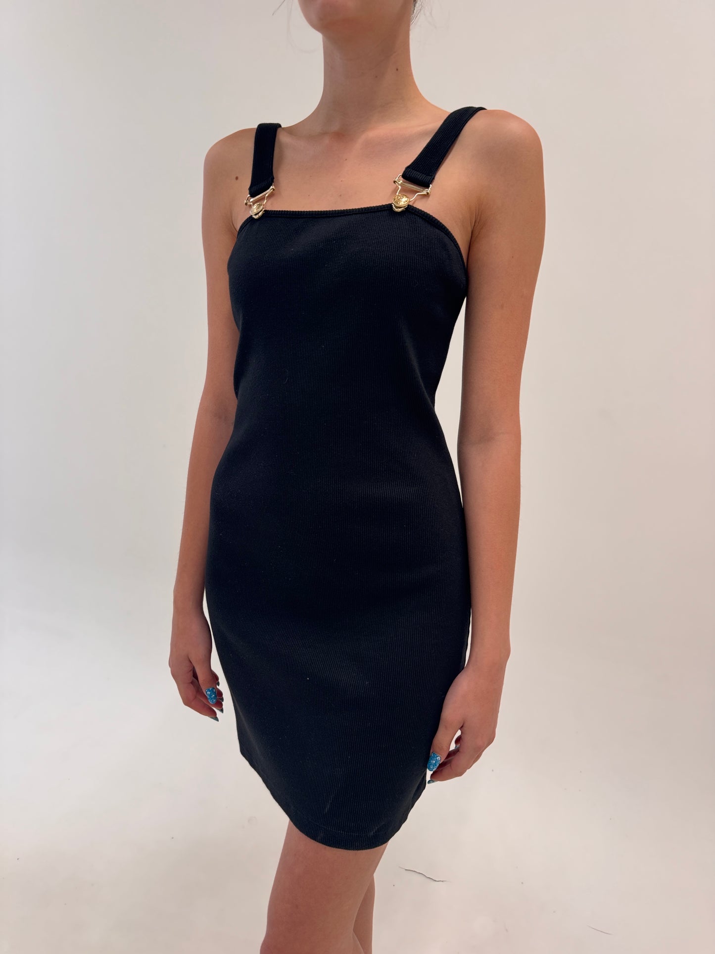 Rochie neagră Balmain cu feroniere aurie din bumbac modelator ultra confort